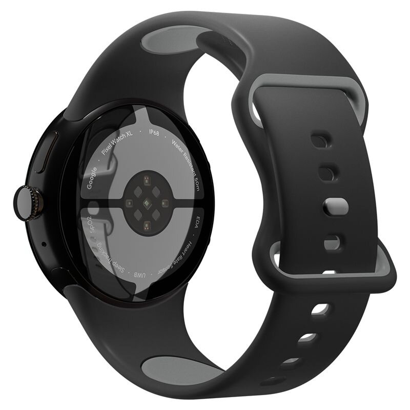 Czarny pasek zegarka z szarymi akcentami, widoczny od spodu z okrągłym czujnikiem i napisem: \'Google, Pixel Watch XL, IP68, Water Resistant 50m, EDA, SpO2, UWB, Sleep Sensor\'.