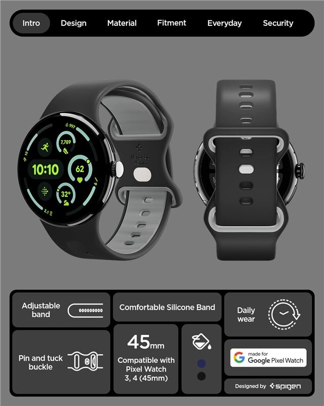 Obraz przedstawia dwa widoki zegarka z silikonowym paskiem, z przodu i z tyłu. Na dole znajdują się informacje: \'Adjustable band\', \'Comfortable Silicone Band\', \'45mm Compatible with Pixel Watch 3, 4 (45mm)\', \'Daily wear\', \'Pin and tuck buckle\', oraz logo \'Designed for Google Pixel Watch\' i \'Designed by Spigen\'.