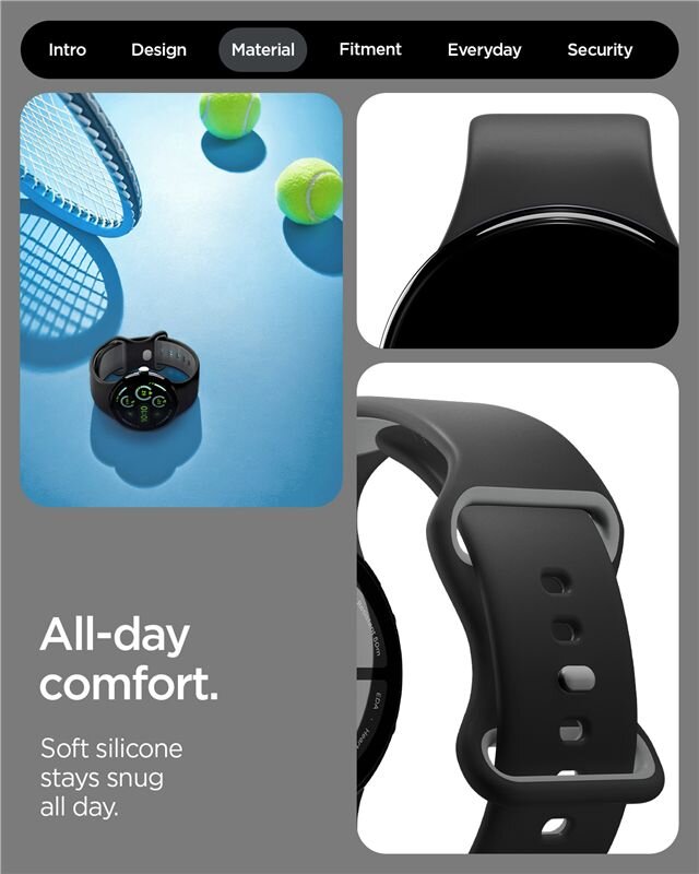 Obraz przedstawia zegarek z czarnym silikonowym paskiem, obok którego znajdują się rakieta i piłki tenisowe. Tekst na obrazie: \'All-day comfort. Soft silicone stays snug all day.\'