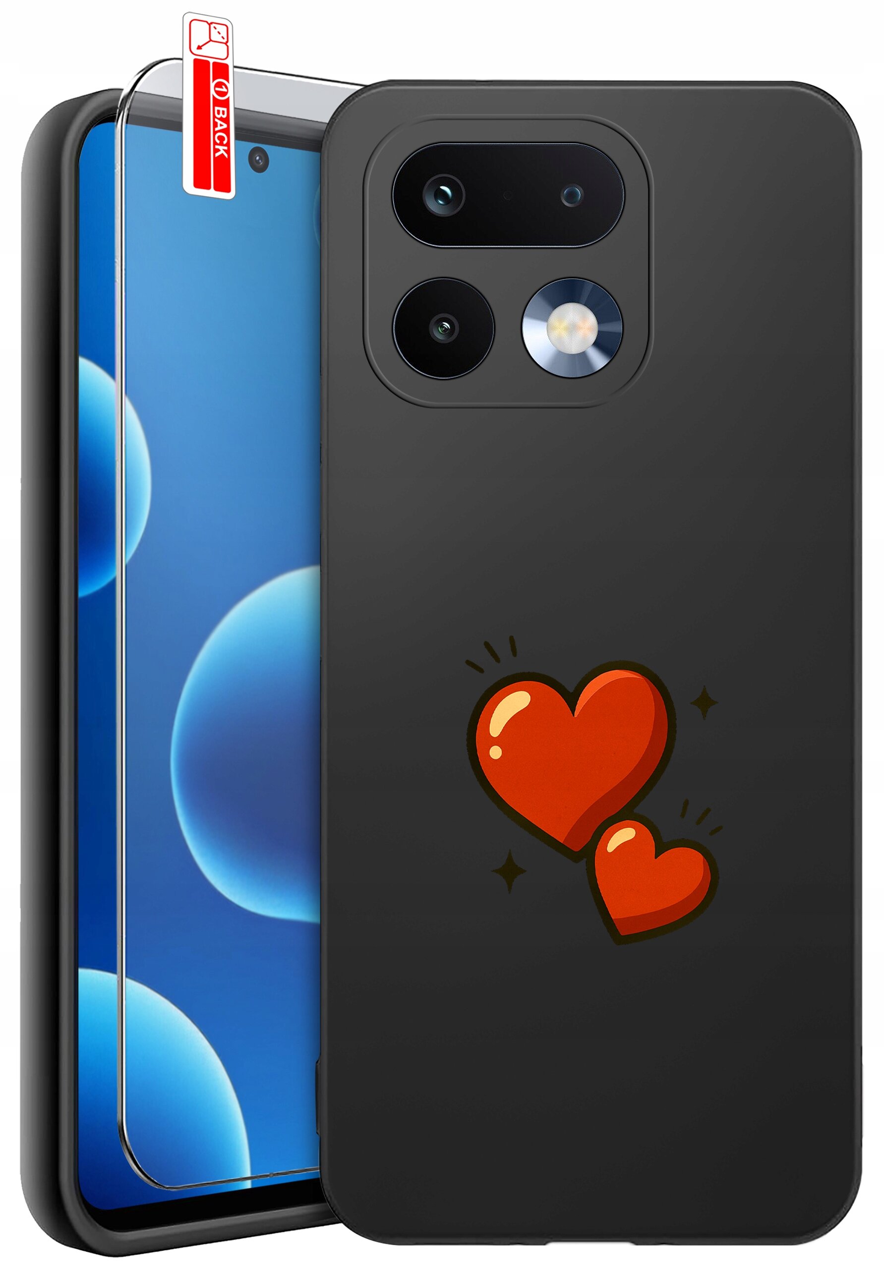 Obraz przedstawia czarne silikonowe etui na telefon z dwoma czerwonymi sercami na tylnej części. Obok etui znajduje się szkło ochronne z napisem \'BACK\'.