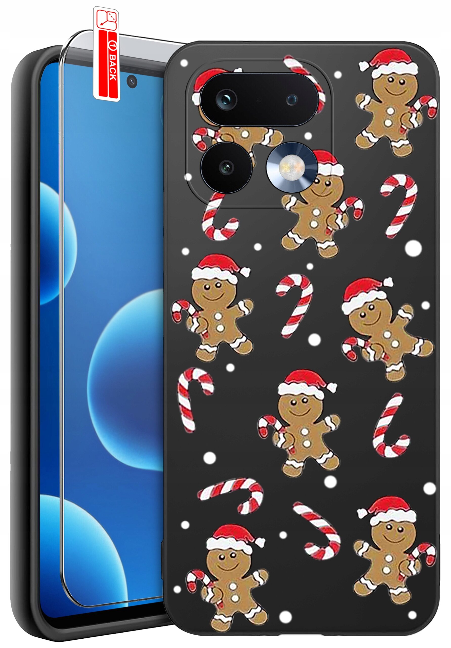 Etui na telefon z motywem świątecznym, przedstawiające piernikowe ludziki w czapkach Mikołaja i cukrowe laski na czarnym tle. Obok etui znajduje się szkło ochronne z oznaczeniem \'BACK\'.
