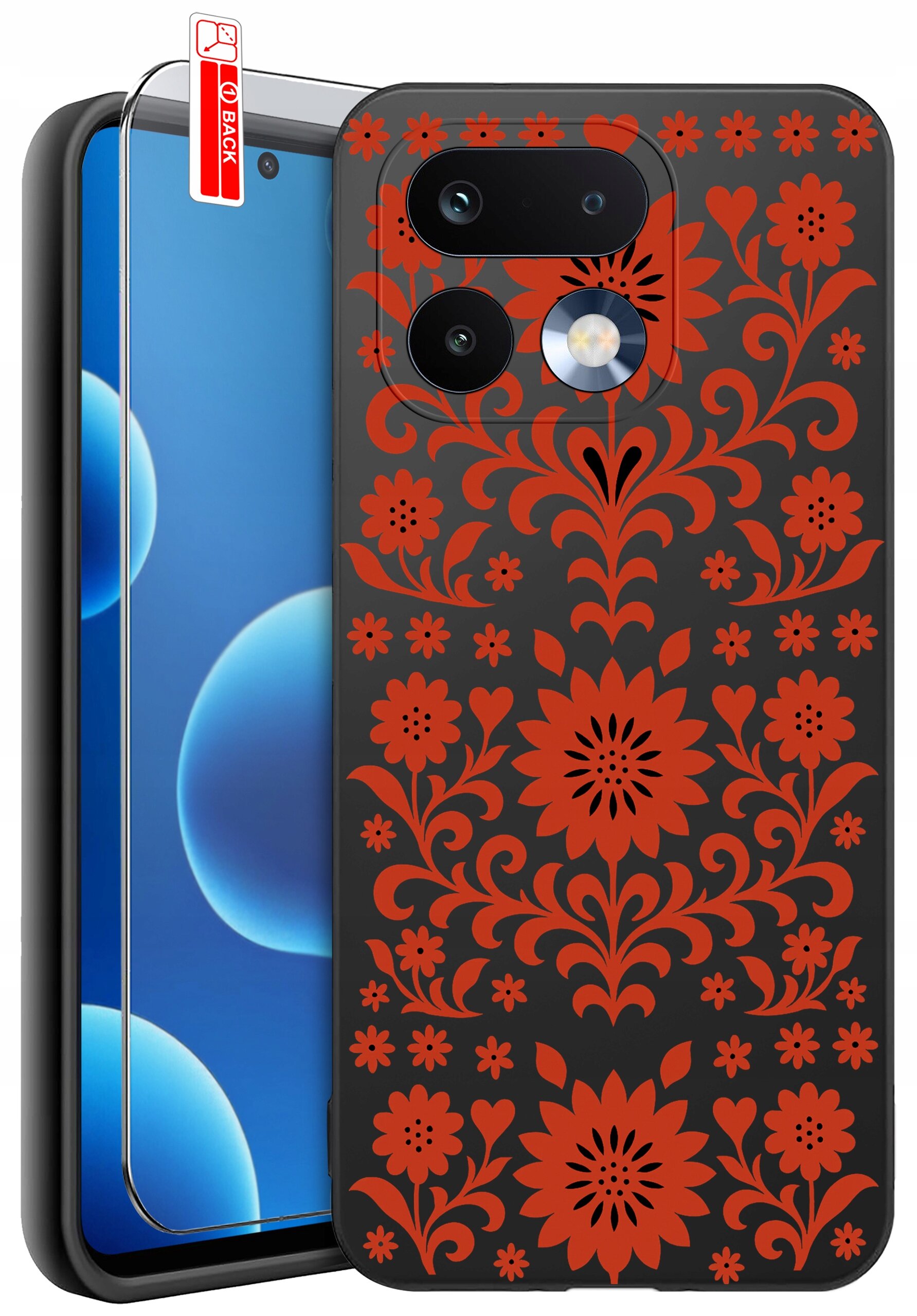 Obraz przedstawia silikonowe etui na telefon z czerwonym wzorem kwiatowym na czarnym tle oraz szkło ochronne z napisem \'BACK\'.