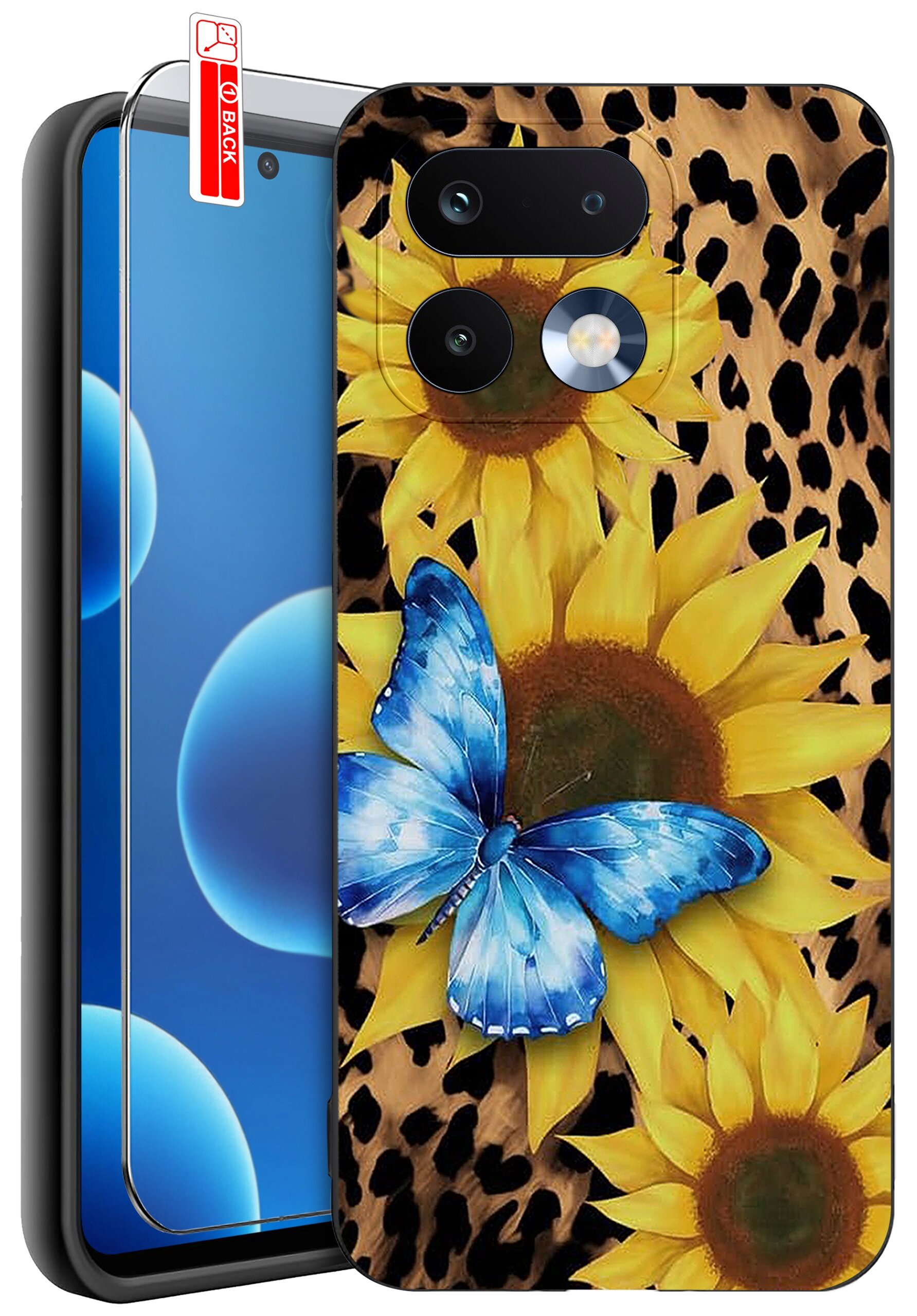 Etui na telefon z motywem słoneczników i niebieskiego motyla na tle w cętki. Obok znajduje się szkło ochronne z etykietą \'BACK\'.
