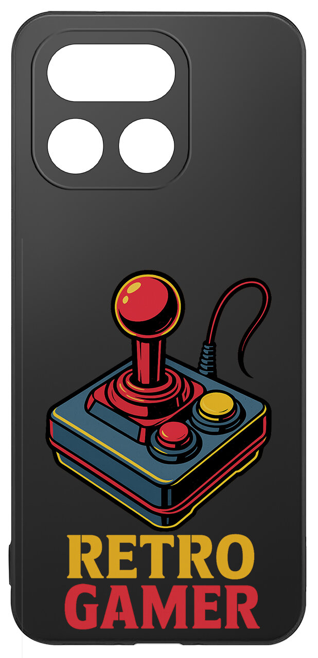 Czarne etui z kolorowym nadrukiem przedstawiającym joystick oraz napisem \'RETRO GAMER\'.