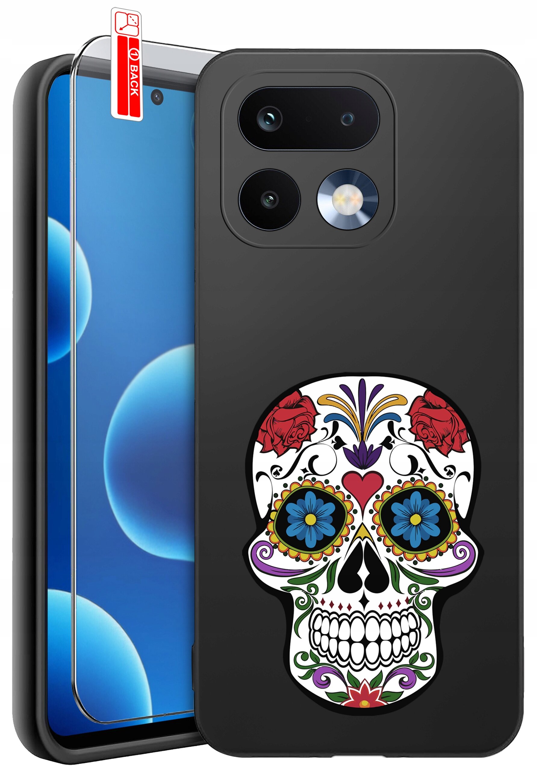 Czarne etui na telefon z kolorowym wzorem czaszki ozdobionej kwiatami i ornamentami. Obok znajduje się szkło ochronne z napisem \'BACK\'.