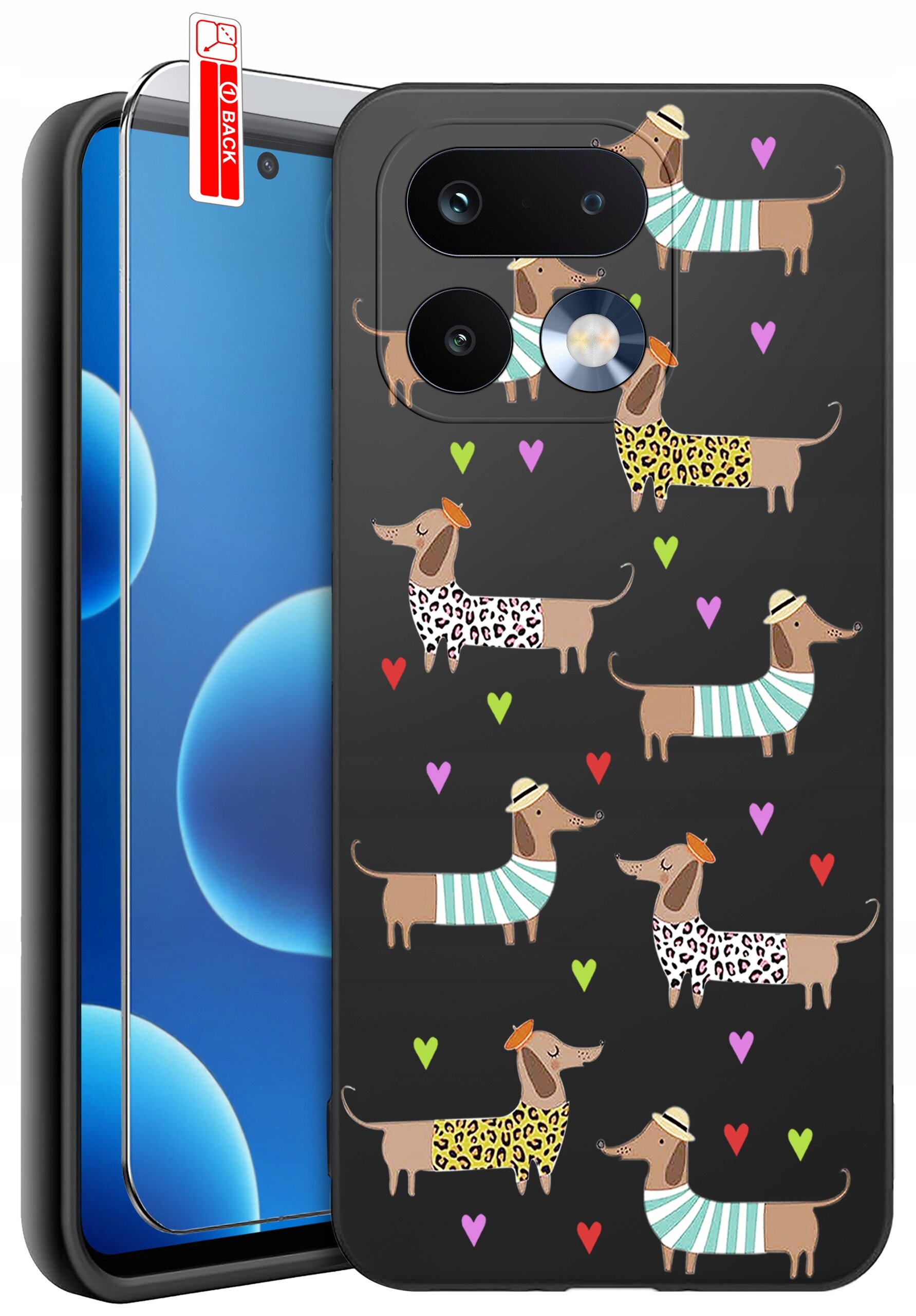 Etui na telefon z wzorem jamników w kolorowych ubrankach i serduszkach na czarnym tle, obok szkło ochronne z napisem \'BACK\'.