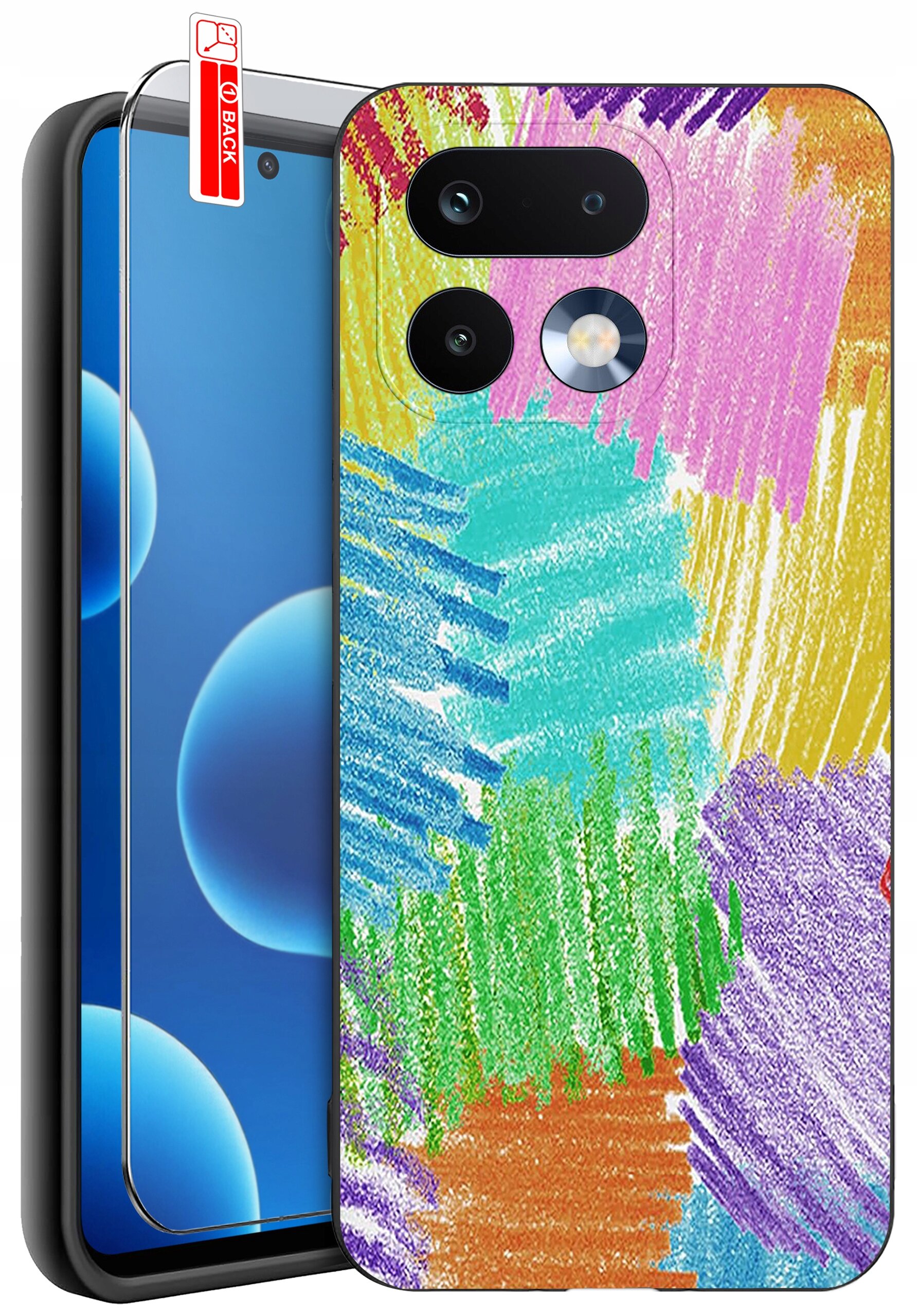 Obraz przedstawia telefon z kolorowym etui w abstrakcyjne wzory oraz szkło ochronne z napisem \'BACK\'.