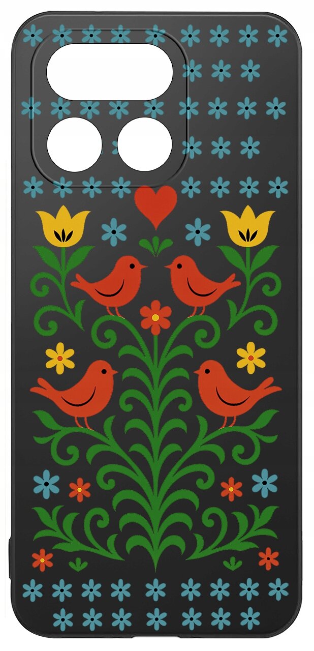 Etui na telefon z kolorowym wzorem przedstawiającym czerwone ptaki, żółte i niebieskie kwiaty oraz zielone liście na czarnym tle.