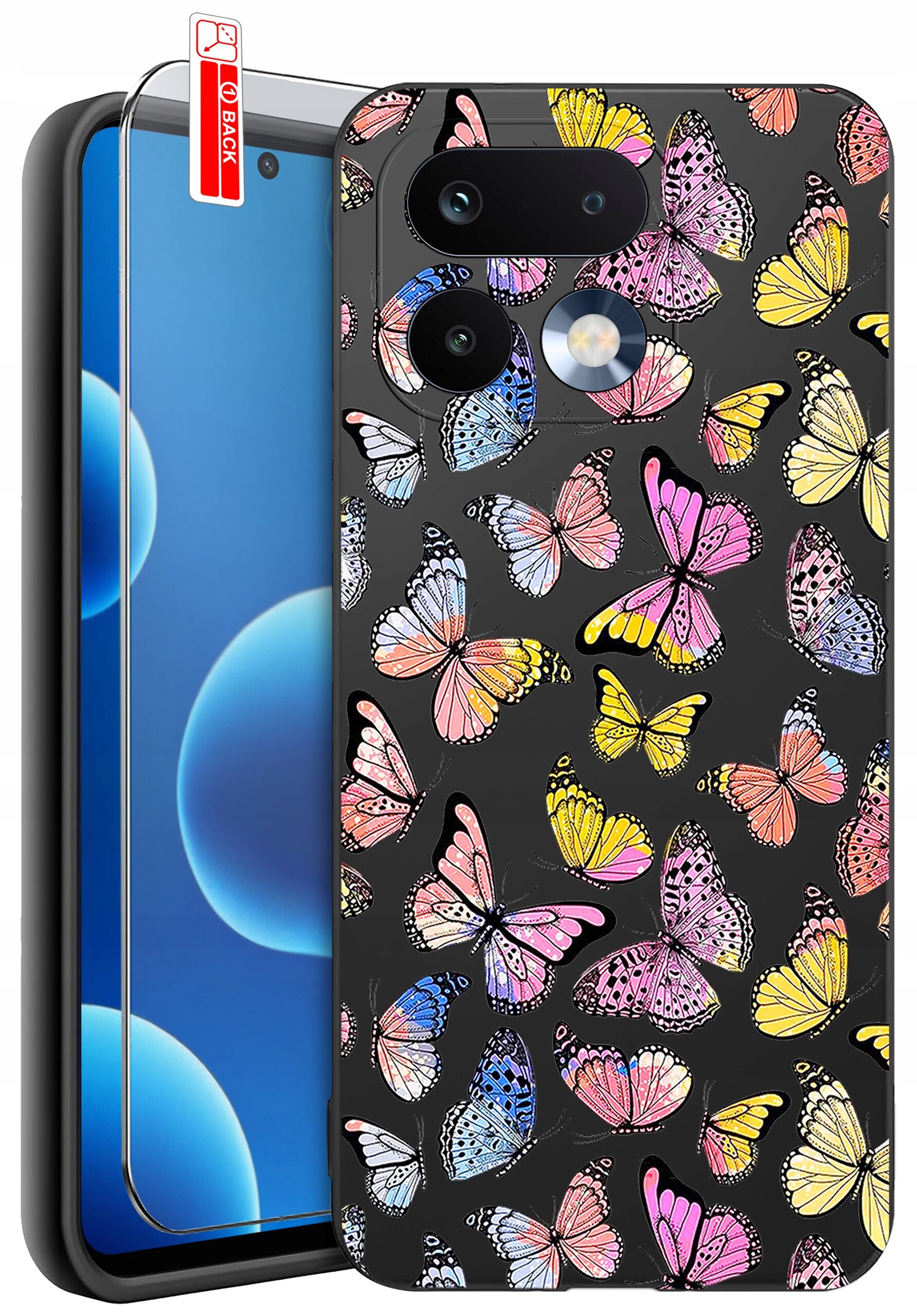 Etui na telefon z kolorowym wzorem motyli na czarnym tle, obok którego znajduje się szkło ochronne z napisem \'BACK\'.