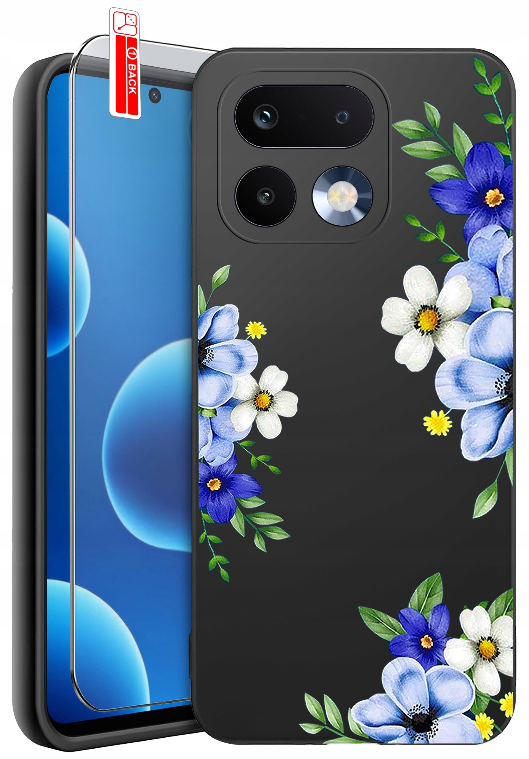 Na obrazie widoczne jest silikonowe etui na telefon z kwiatowym wzorem w odcieniach niebieskiego i białego oraz szkło ochronne z napisem \'BACK\'.