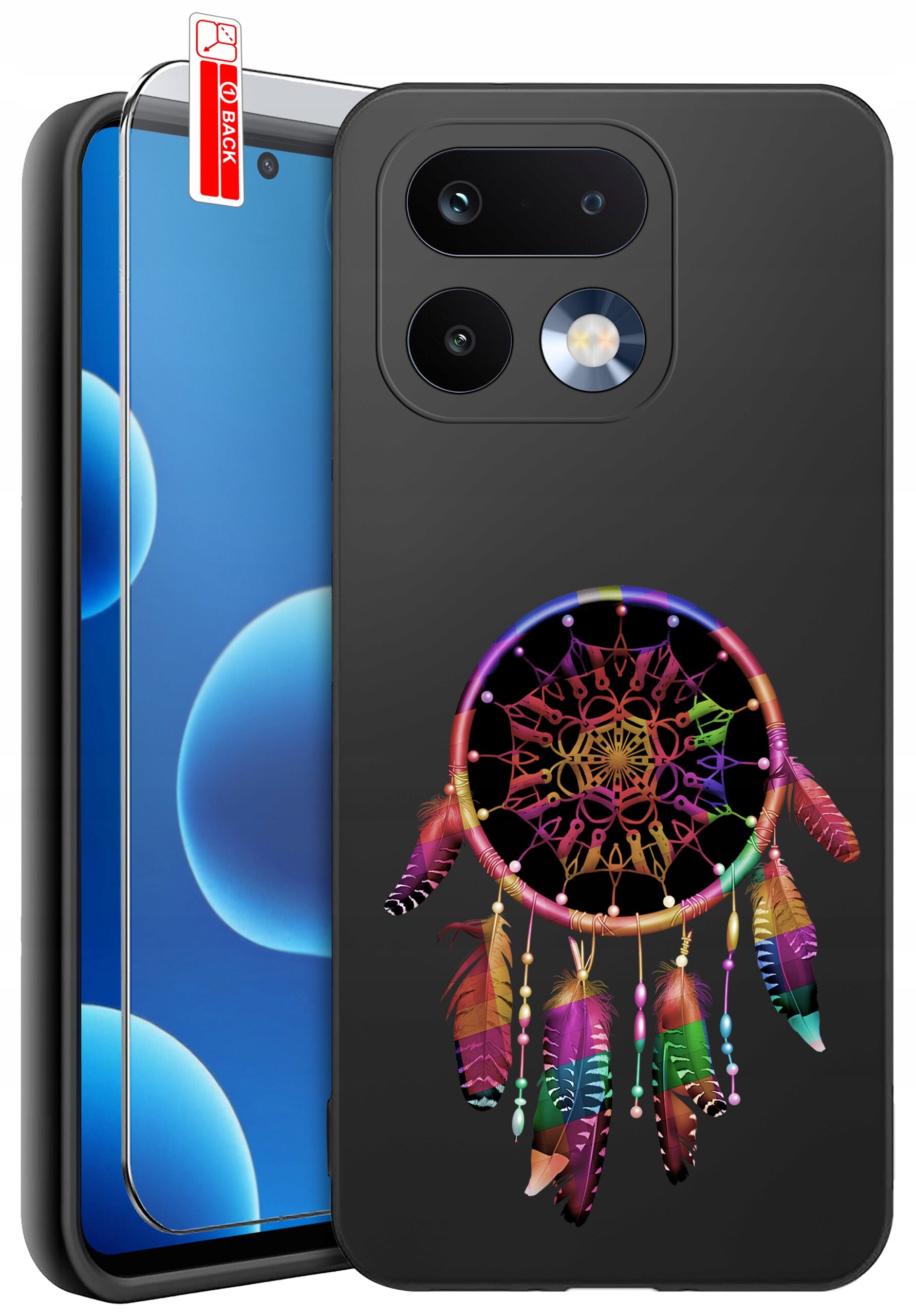 Obraz przedstawia silikonowe etui na telefon z kolorowym wzorem łapacza snów oraz szkło ochronne z napisem \'BACK\'.