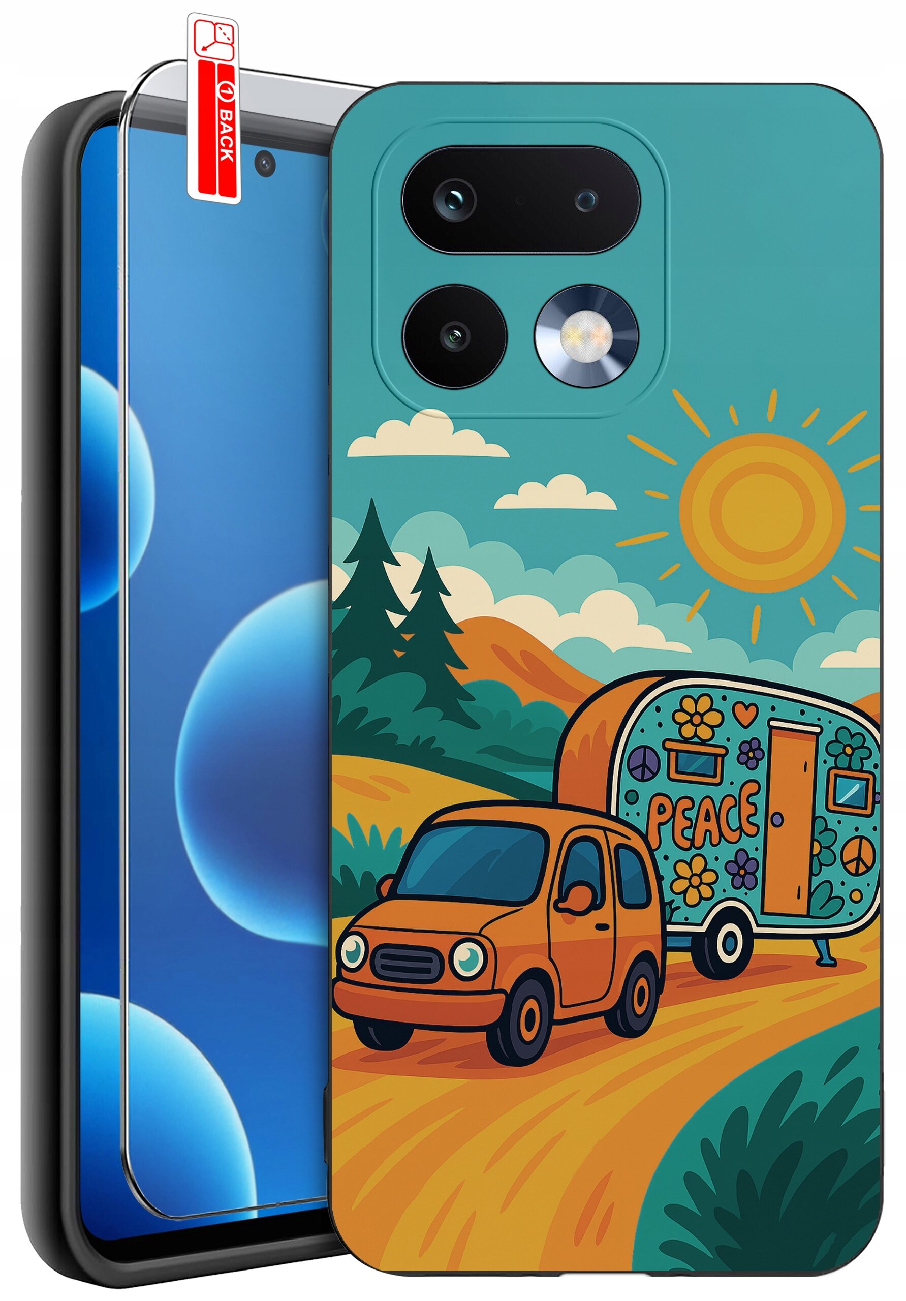 Etui na telefon z kolorowym wzorem przedstawiającym samochód ciągnący przyczepę z napisem \'PEACE\' na tle krajobrazu z górami i słońcem. Obok etui znajduje się szkło ochronne z oznaczeniem \'BACK\'.