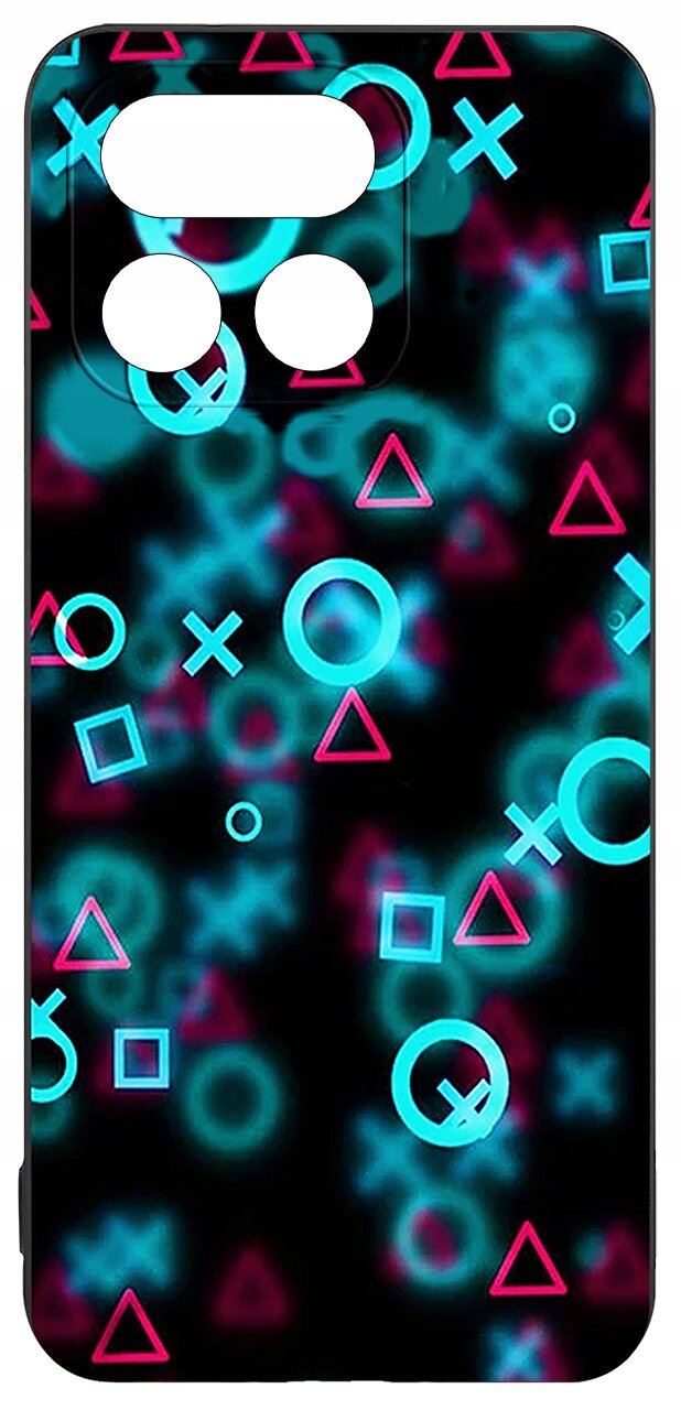 Etui na telefon z kolorowymi symbolami geometrycznymi, takimi jak kółka, krzyżyki, kwadraty i trójkąty, w odcieniach niebieskiego i różowego na czarnym tle.