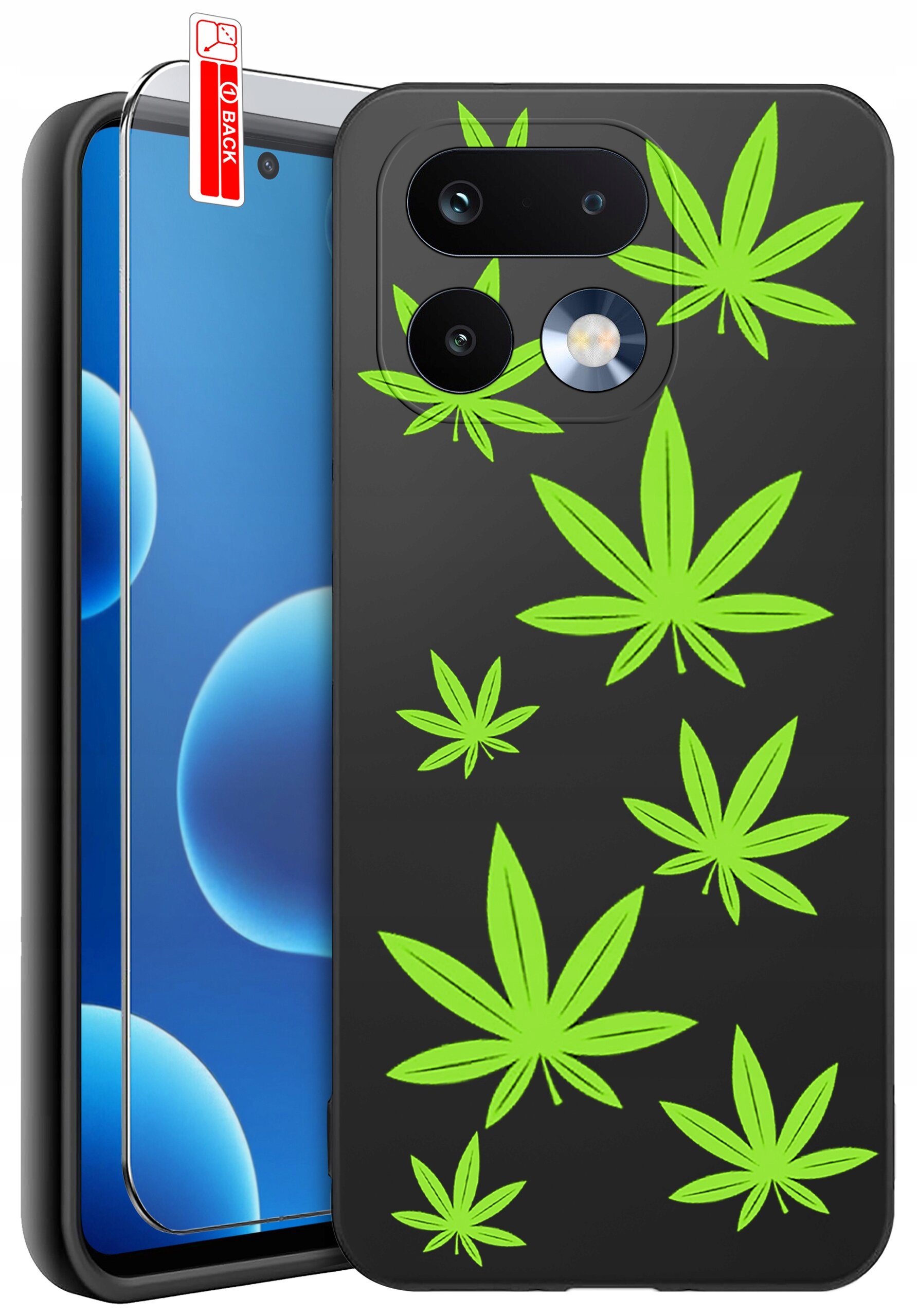 Czarne etui na telefon z zielonymi wzorami liści oraz szkło ochronne z napisem \'BACK\'.