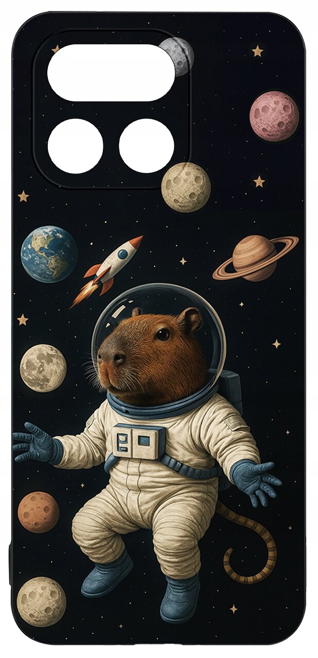 Etui z motywem kosmicznym przedstawiające zwierzę w skafandrze astronauty, otoczone planetami i rakietą na tle gwiazd.
