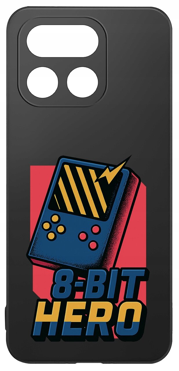 Czarne etui z grafiką przedstawiającą niebieską konsolę do gier z żółtymi przyciskami i napisem \'8-BIT HERO\'.