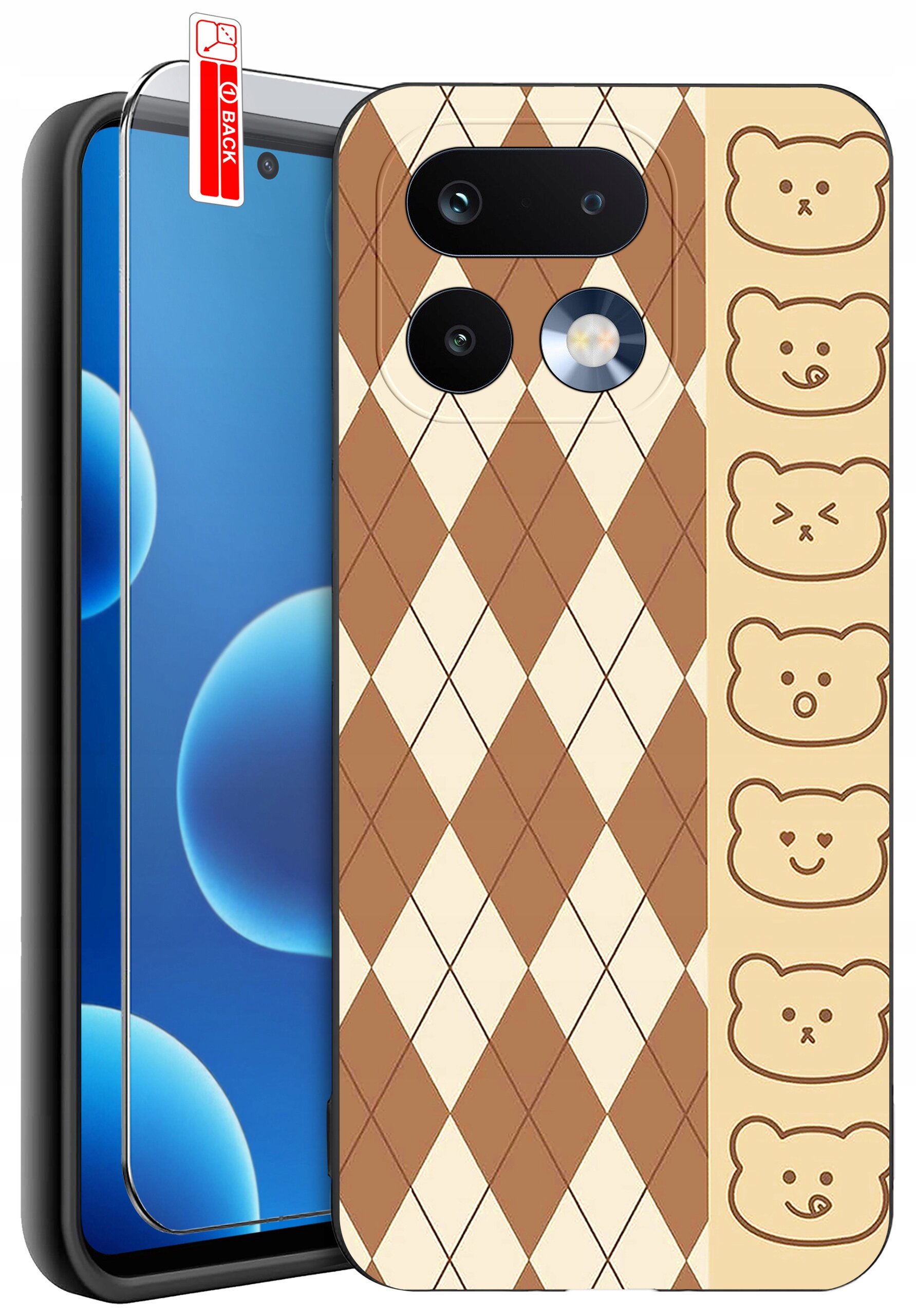 Etui na telefon z brązowym wzorem w romby oraz rysunkami misiów po boku. Obok etui znajduje się szkło ochronne z napisem \'BACK\'.