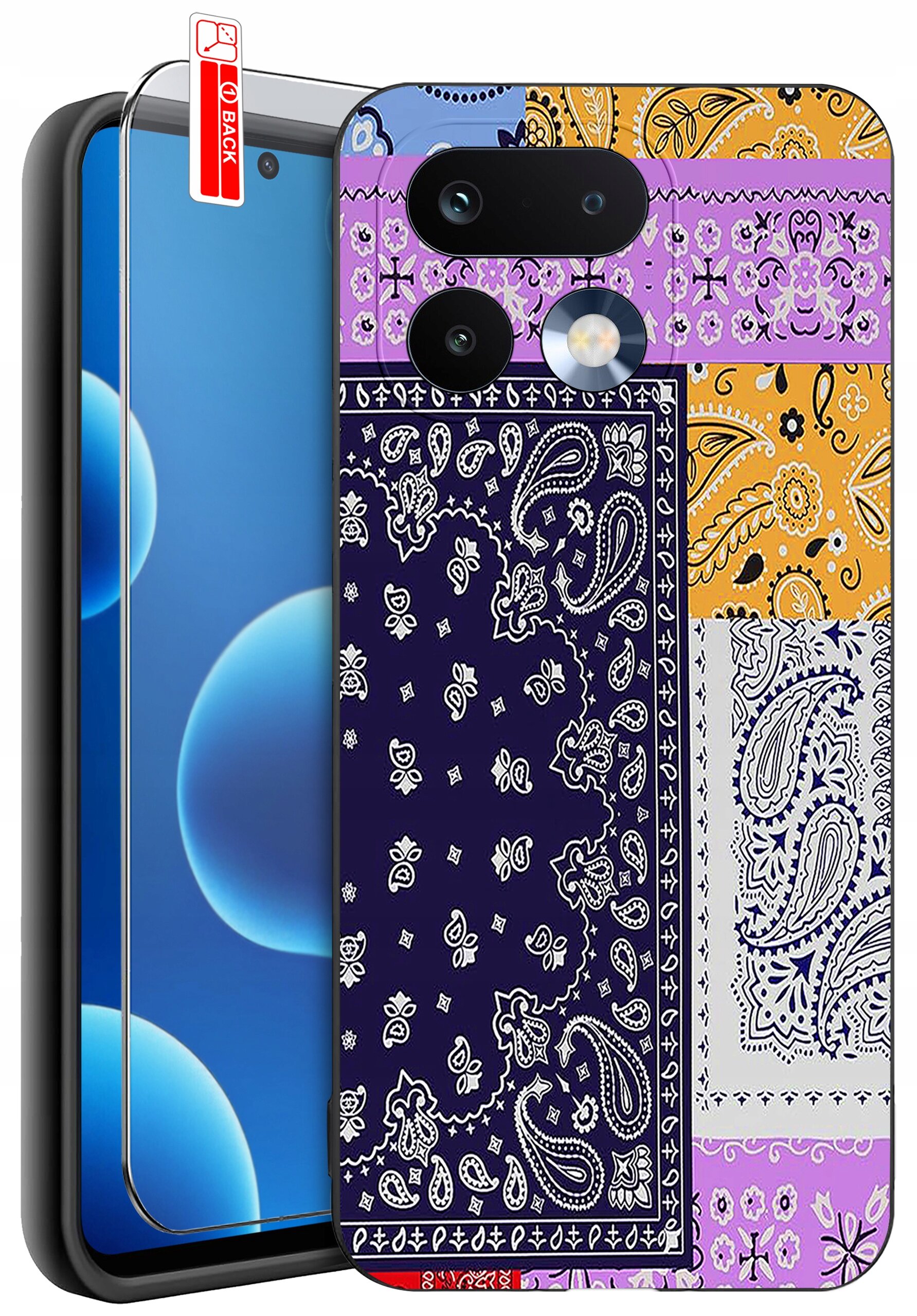 Etui na telefon z kolorowym wzorem paisley w odcieniach fioletu, pomarańczu i granatu. Obok etui znajduje się szkło ochronne z napisem \'BACK\'.