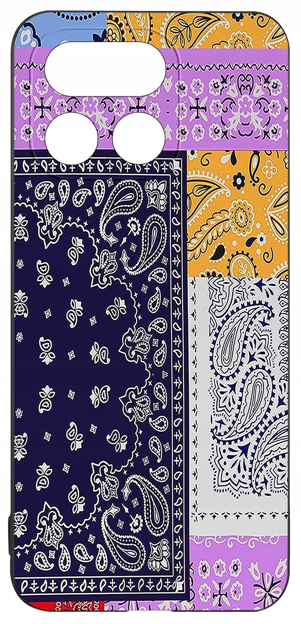 Etui na telefon z kolorowym wzorem paisley w odcieniach fioletu, pomarańczu i granatu. Widoczne są wycięcia na aparat i inne elementy telefonu.