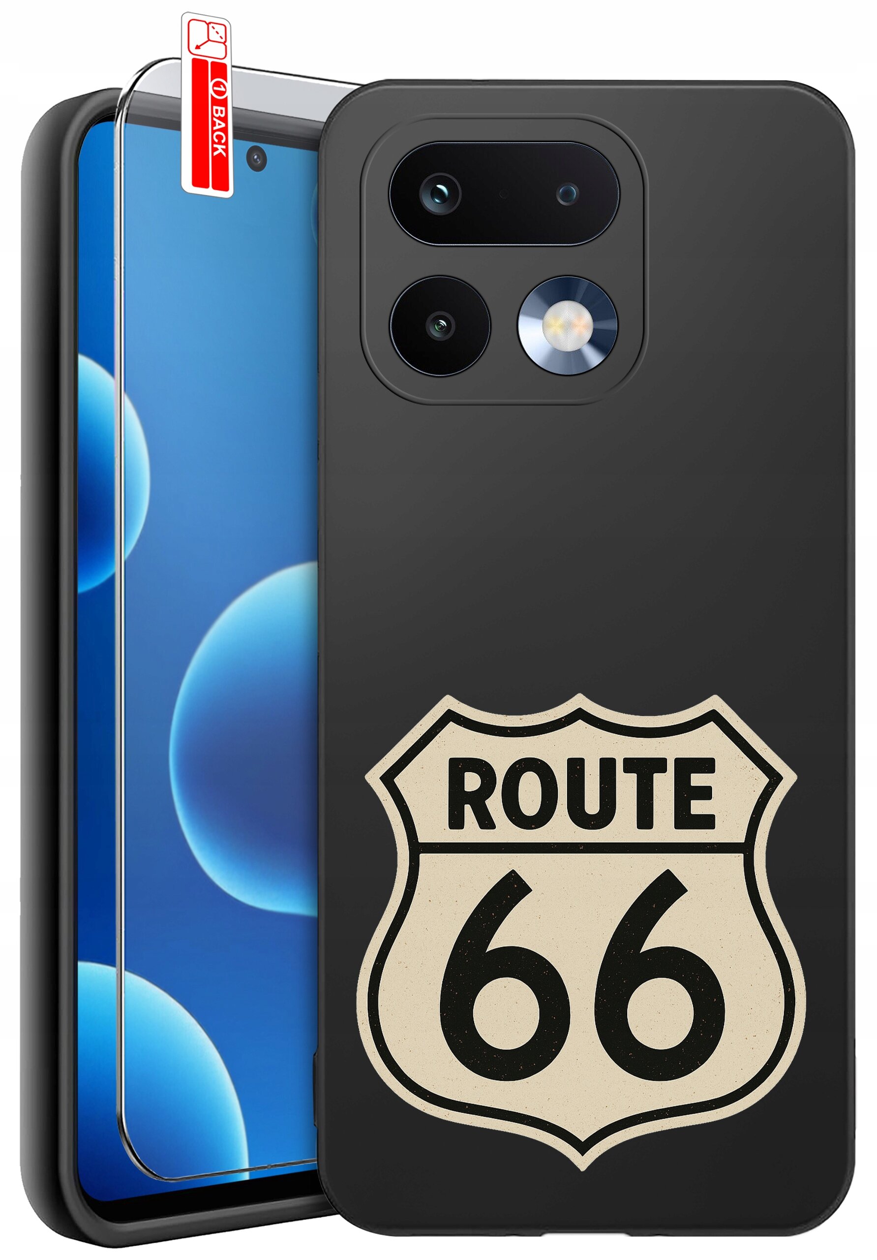 Czarne etui na telefon z nadrukiem \'ROUTE 66\' w kształcie znaku drogowego. Obok etui znajduje się szkło ochronne z oznaczeniem \'BACK\'.