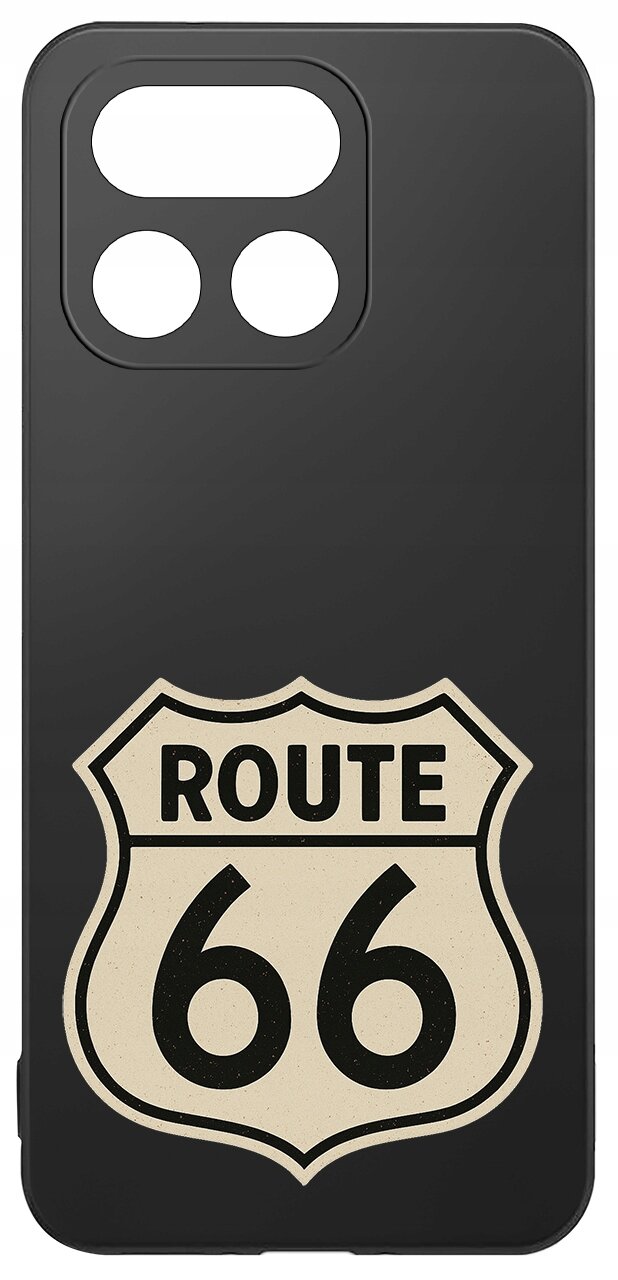 Czarne etui z wycięciami na aparat, ozdobione grafiką znaku drogowego z napisem \'ROUTE 66\'.