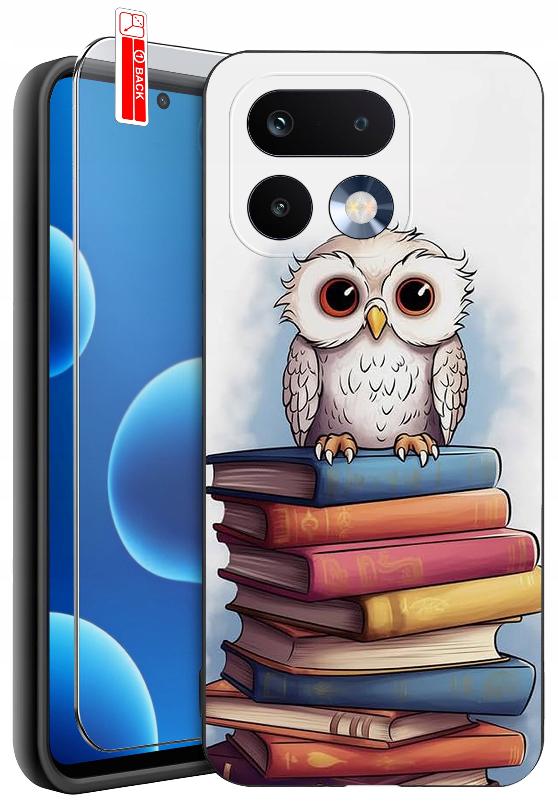 Etui na telefon z nadrukiem sowy siedzącej na stosie książek. Obok znajduje się szkło ochronne z napisem \'BACK\'.