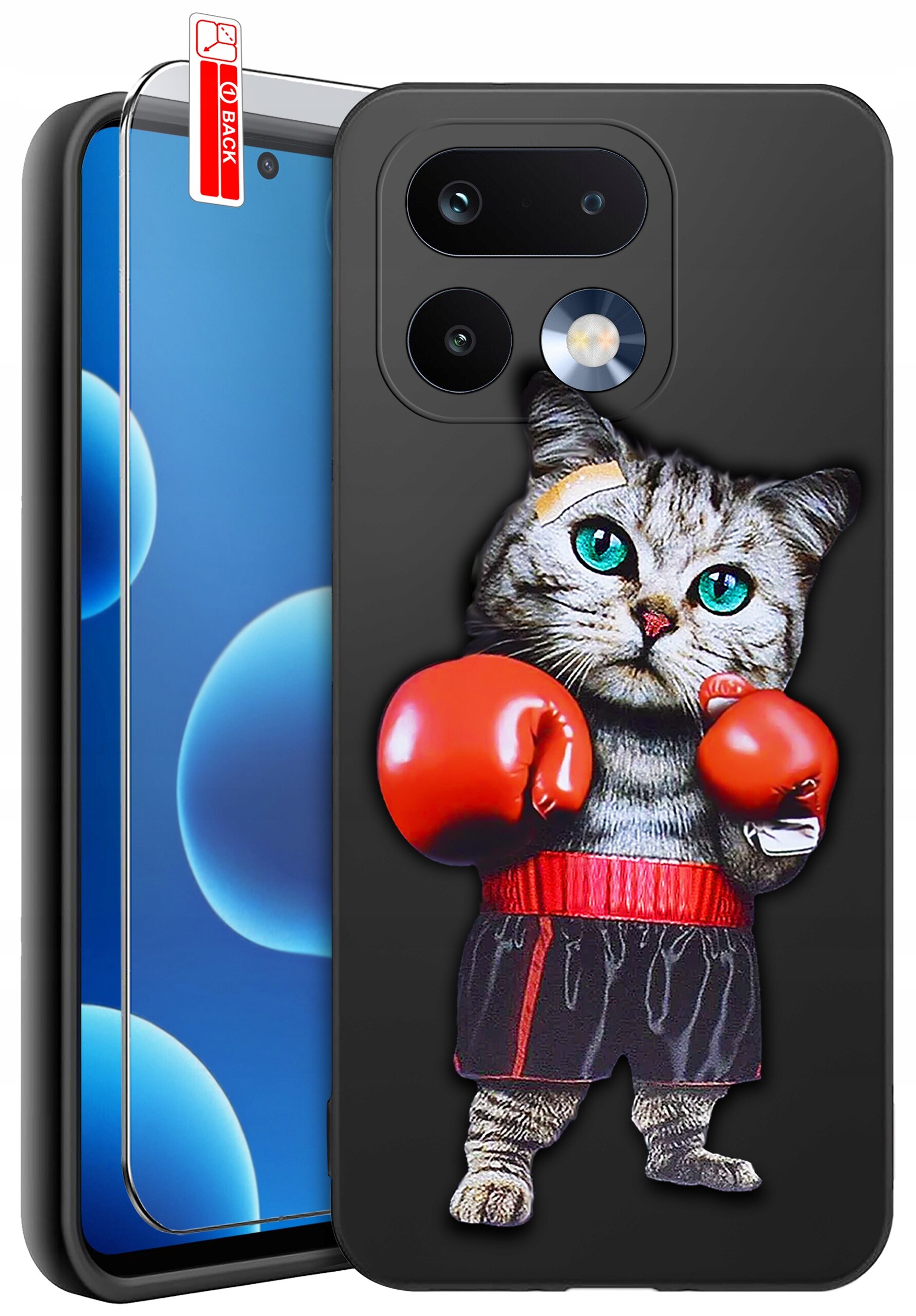 Etui na telefon z nadrukiem kota w rękawicach bokserskich, obok znajduje się szkło ochronne z napisem \'BACK\'.