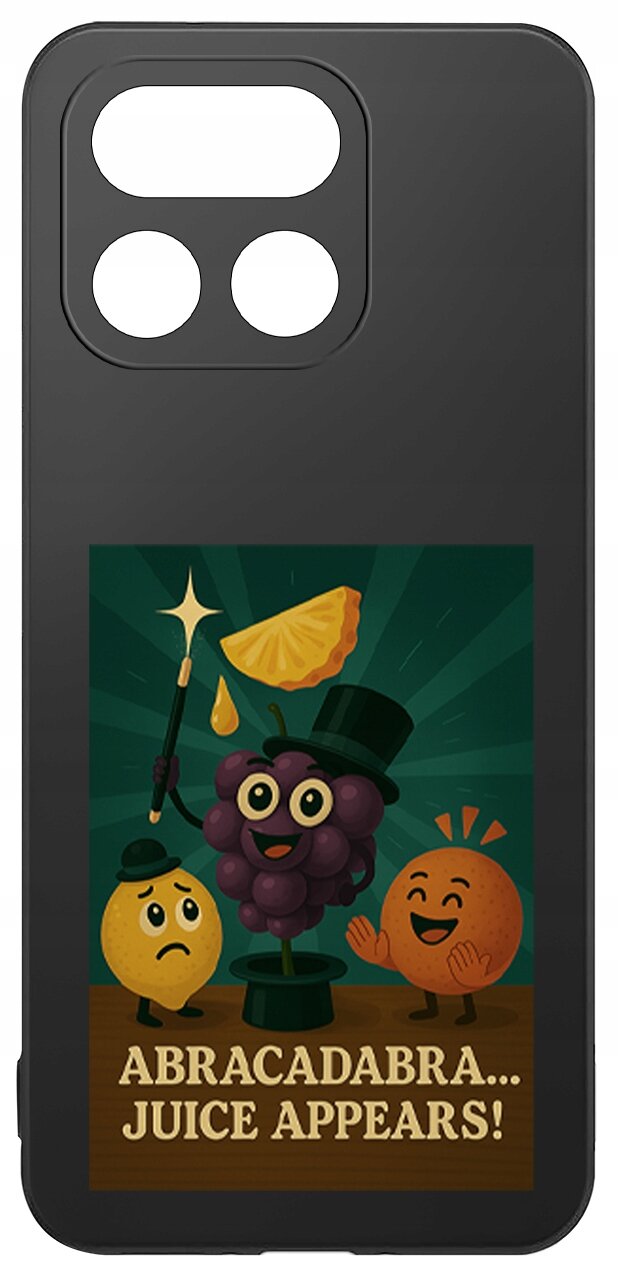 Czarne etui z grafiką przedstawiającą owoce: winogrono w cylindrze, cytrynę i pomarańczę, oraz napis \'ABRACADABRA... JUICE APPEARS!\'.