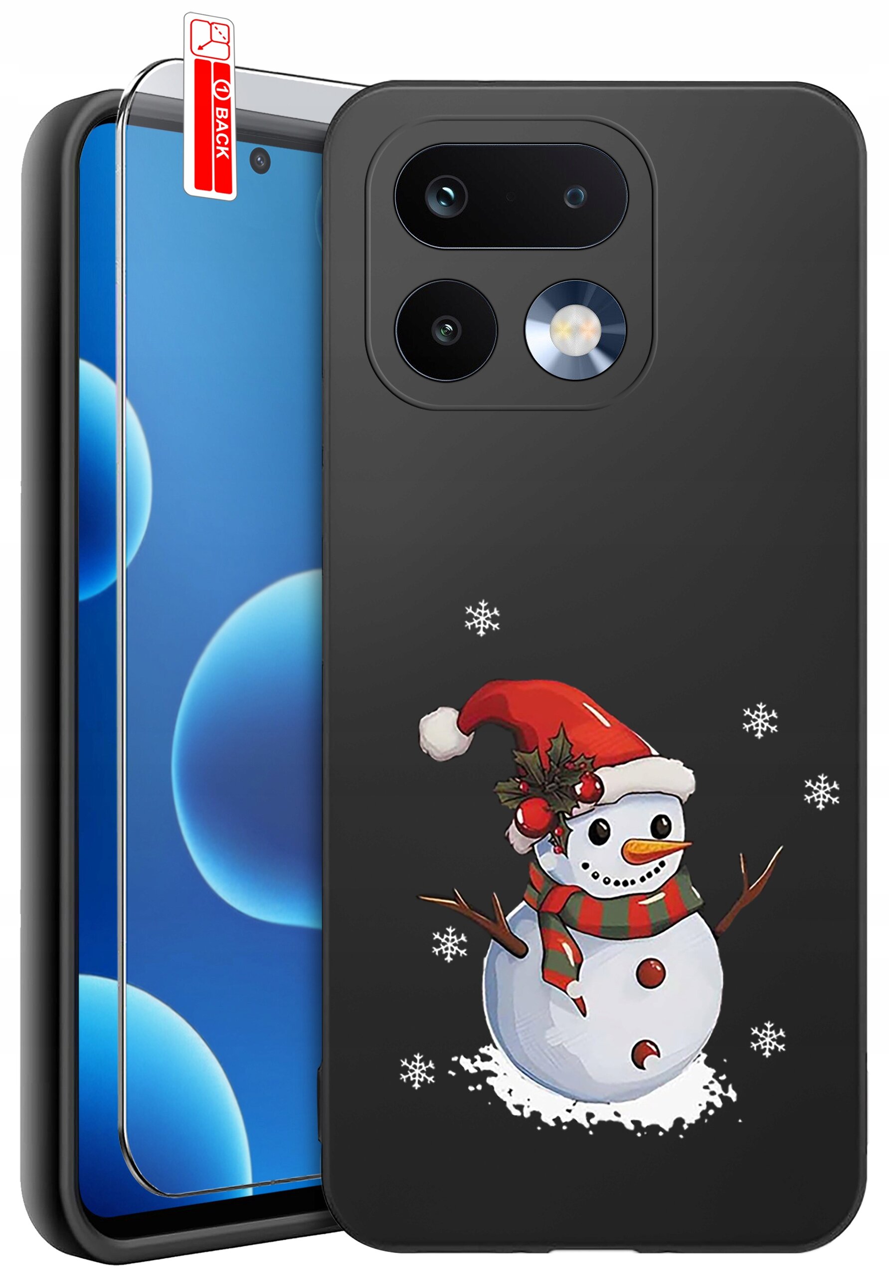 Czarne etui na telefon z nadrukiem bałwana w czerwonej czapce i szaliku, otoczonego płatkami śniegu. Obok znajduje się szkło ochronne z napisem \'BACK\'.