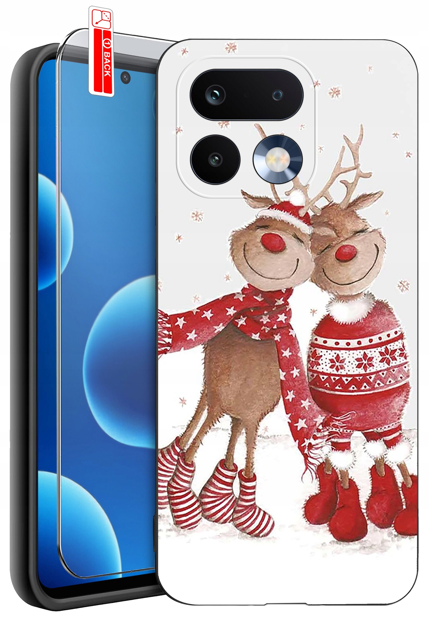 Etui na telefon z nadrukiem dwóch reniferów w zimowych ubraniach, z czerwonymi nosami i szalikami. Obok etui znajduje się szkło ochronne z oznaczeniem \'BACK\'.