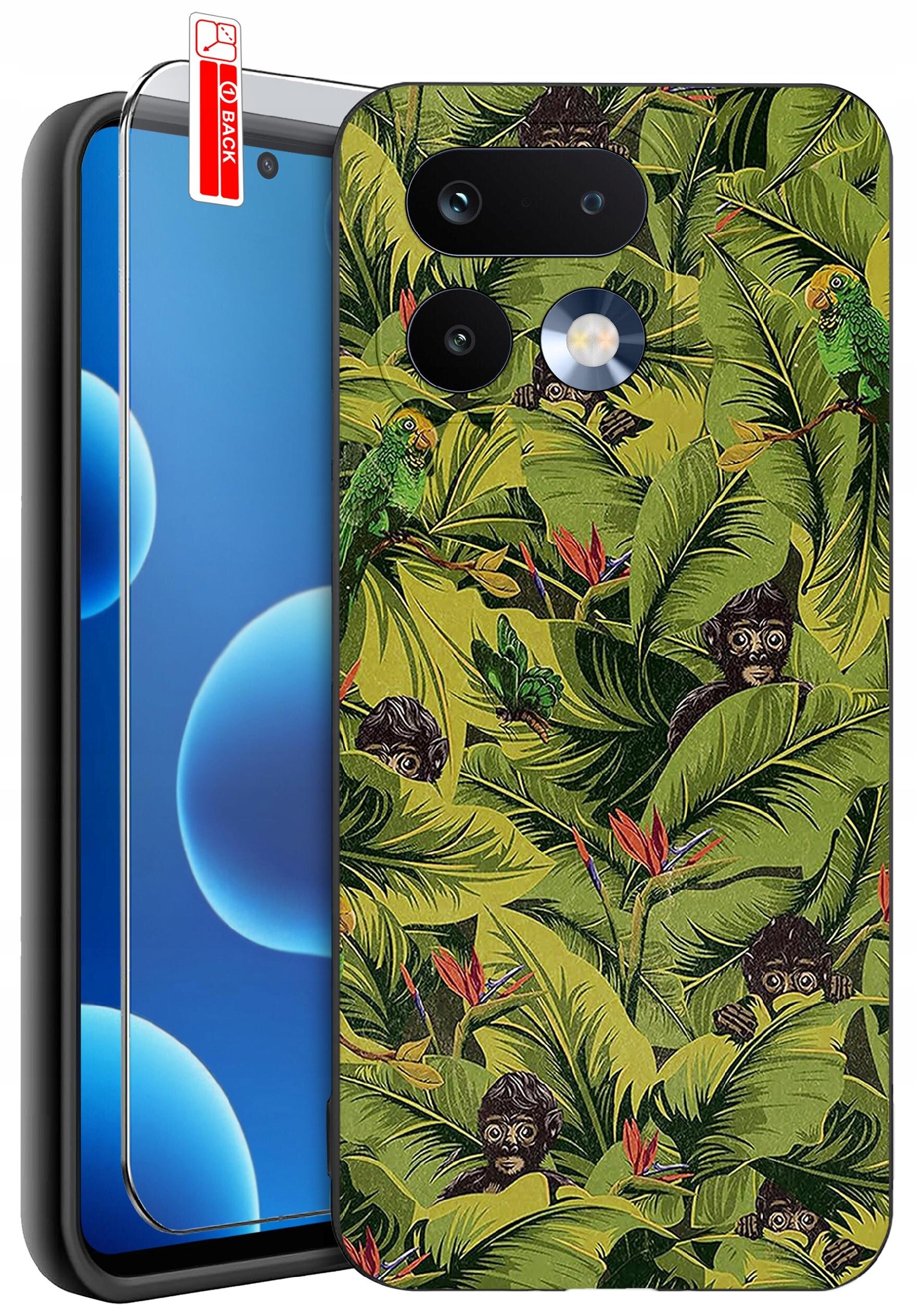 Etui na telefon z wzorem przedstawiającym zielone liście, małpy i papugi. Obok znajduje się szkło ochronne z oznaczeniem \'BACK\'.