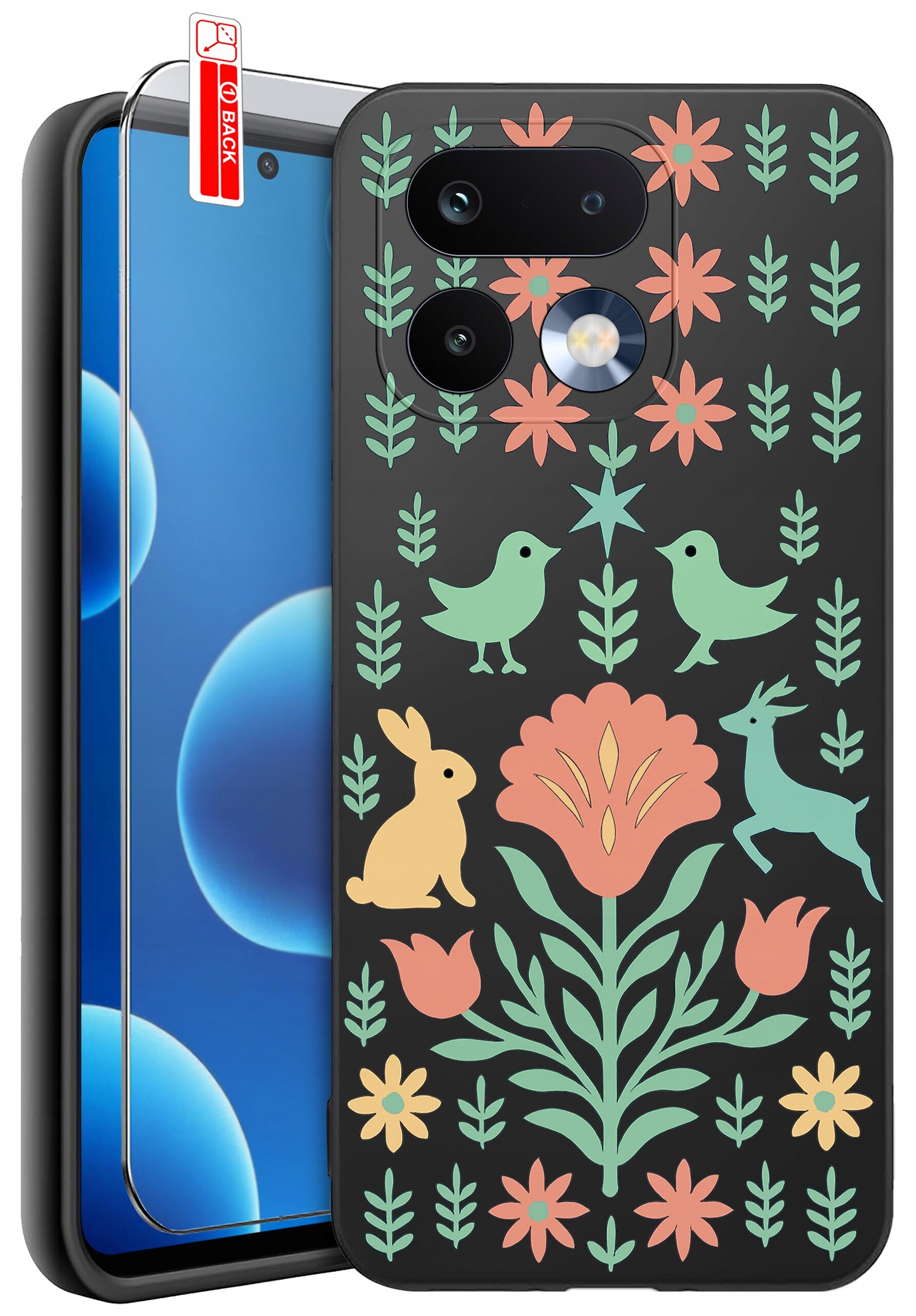 Etui na telefon z kolorowym wzorem przedstawiającym kwiaty, ptaki, królika i jelenia na czarnym tle. Obok etui znajduje się szkło ochronne z napisem \'BACK\'.
