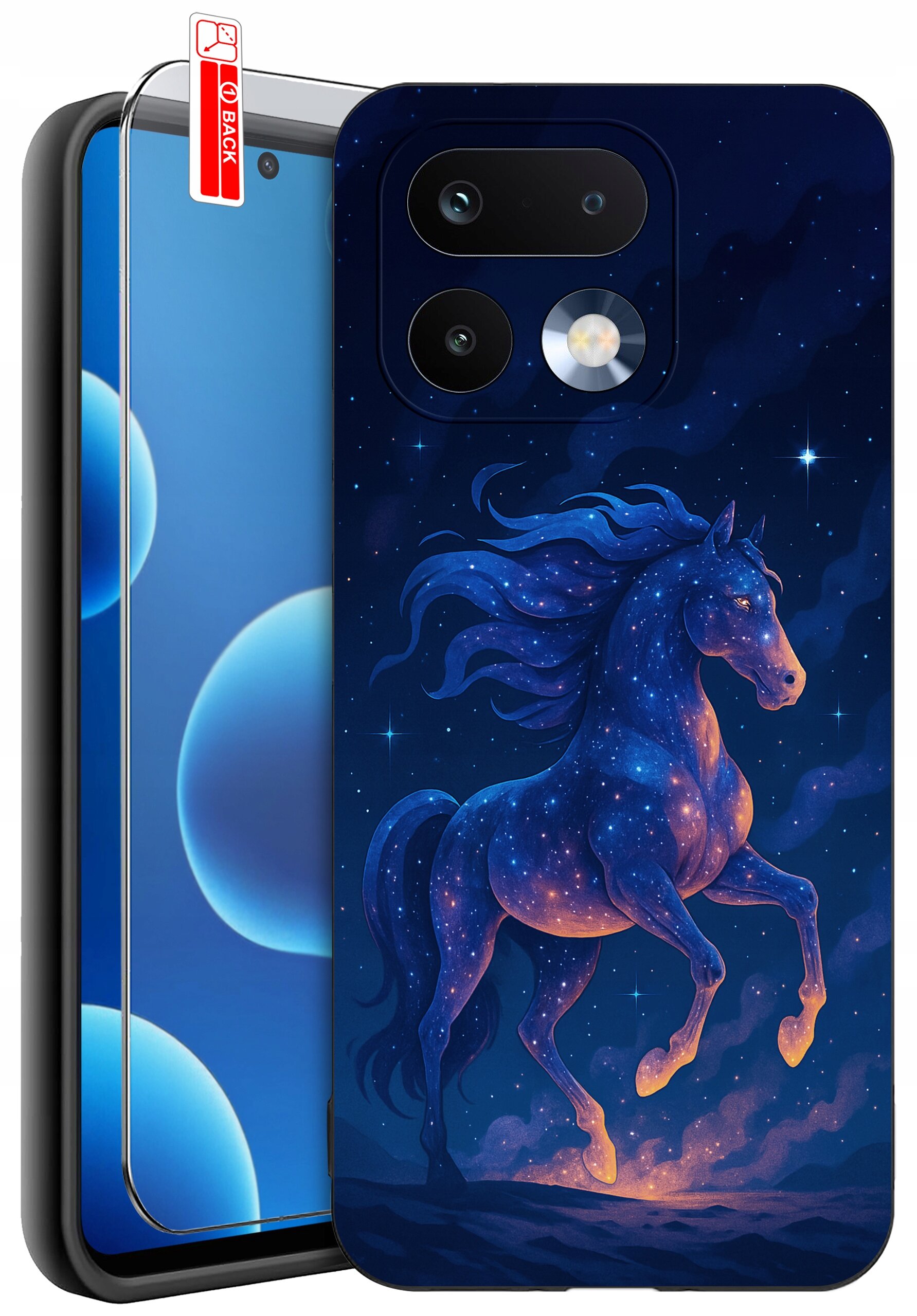 Etui na telefon z wzorem galopującego konia na tle gwiaździstego nieba. Obok widoczna jest szybka ochronna z napisem \'BACK\'.