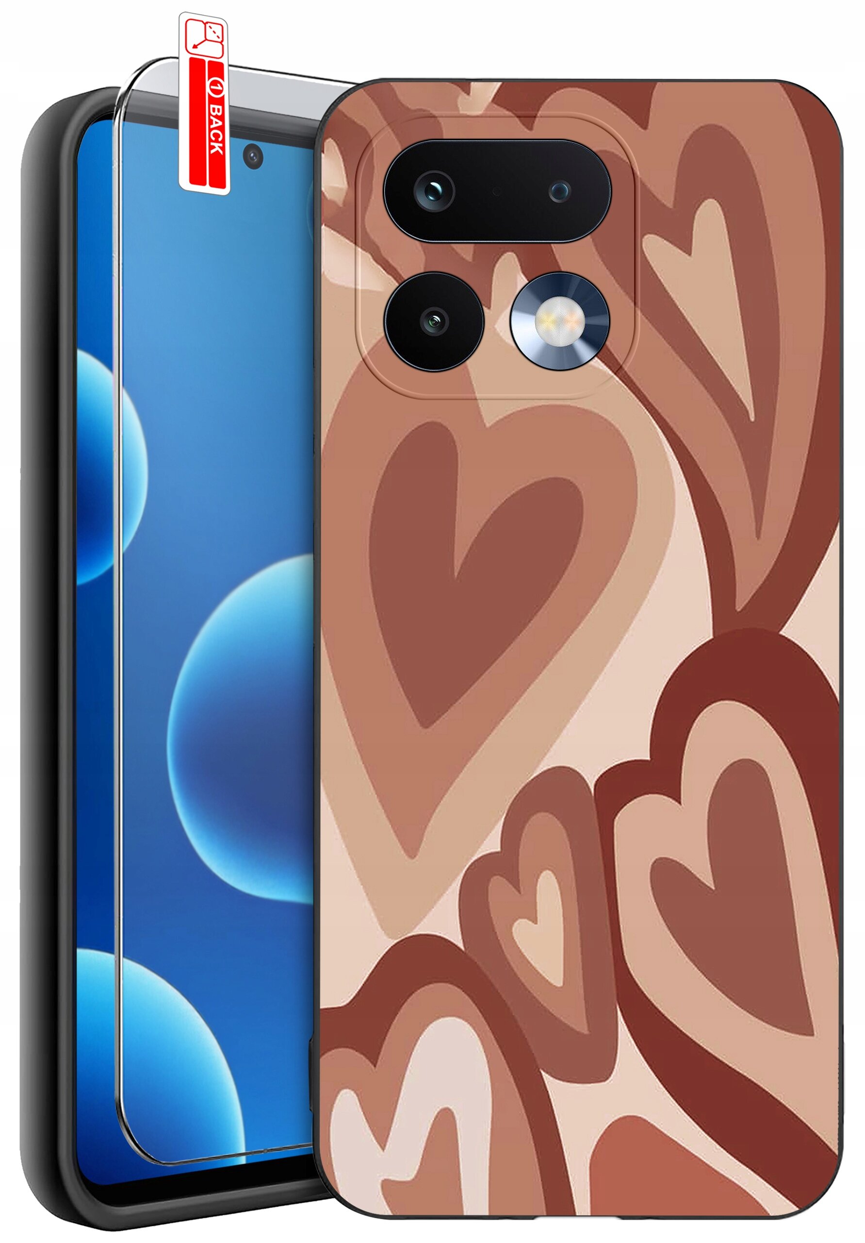 Etui na telefon z wzorem serc w odcieniach brązu, z dołączonym szkłem ochronnym na ekran. Na szkle widoczny jest napis \'BACK\'.