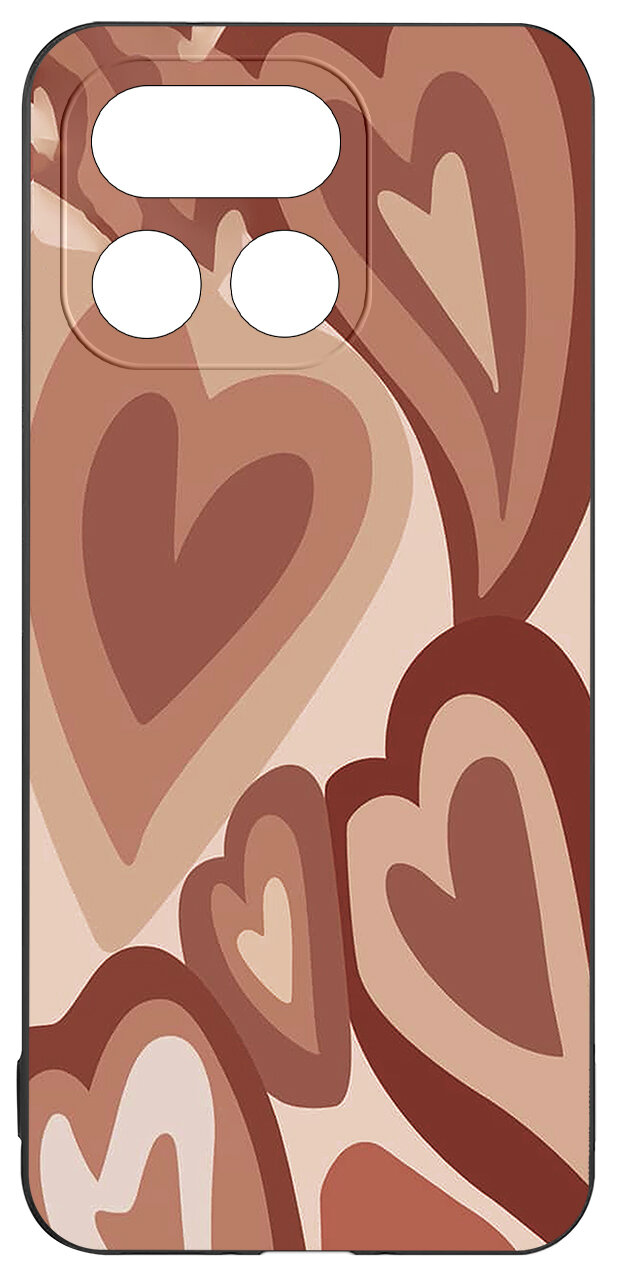 Etui na telefon z wzorem w serca w odcieniach brązu i beżu. Posiada wycięcia na aparat i przyciski.