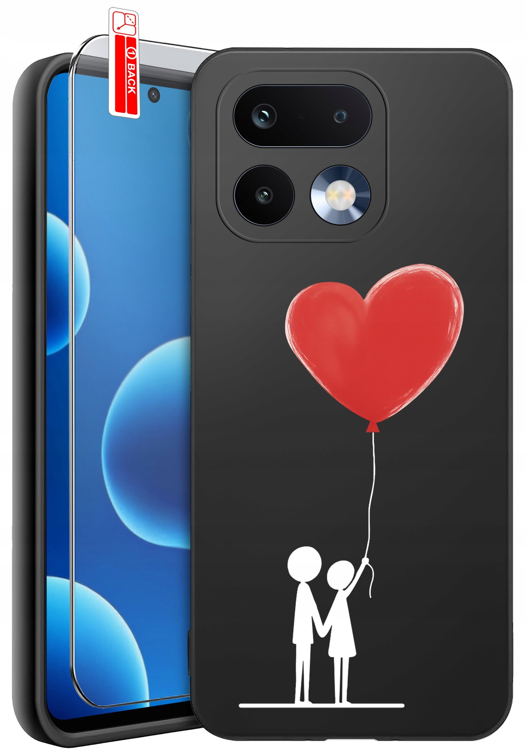 Czarne etui na telefon z nadrukiem dwóch postaci trzymających czerwony balon w kształcie serca. Obok etui znajduje się szkło ochronne z oznaczeniem \'BACK\'.