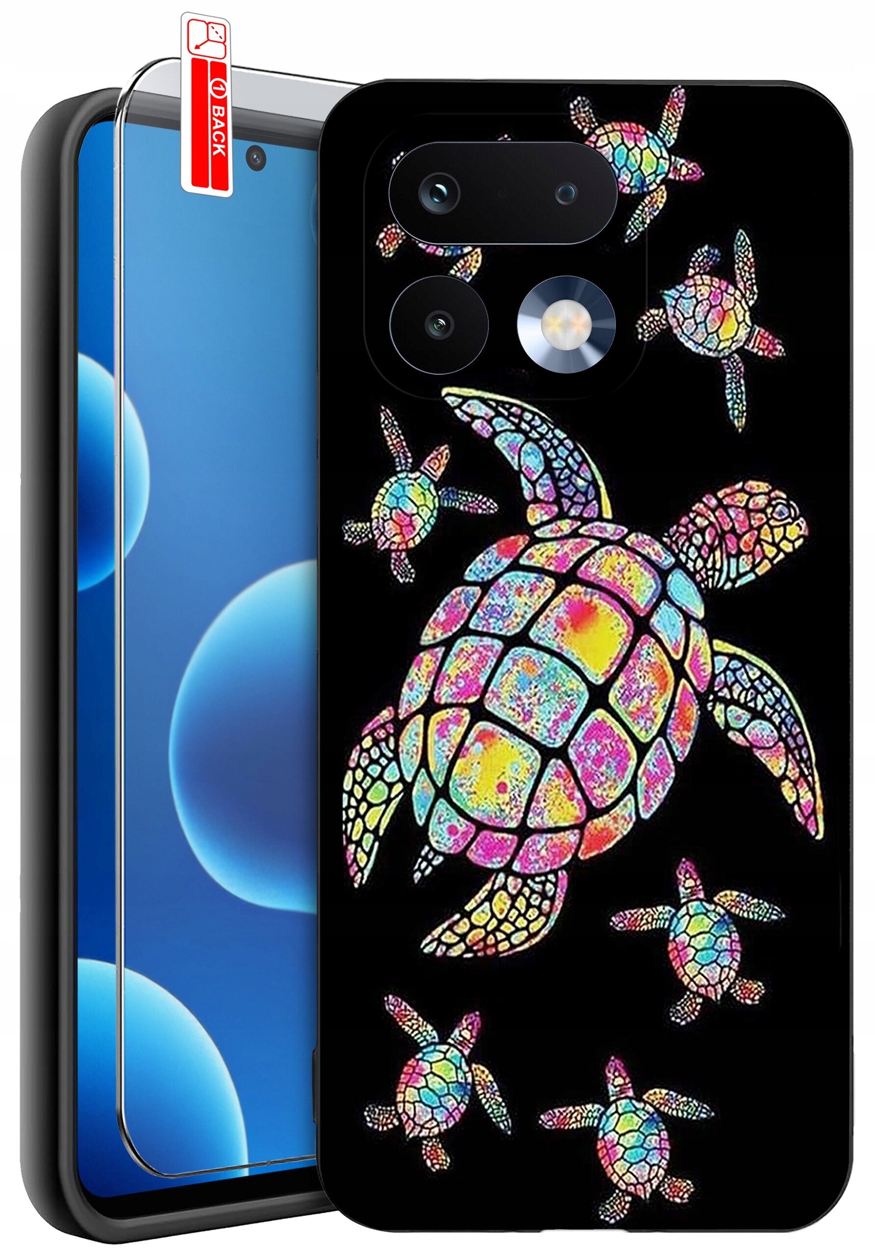 Etui na telefon z kolorowym wzorem żółwi na czarnym tle, obok widoczne szkło ochronne z napisem \'BACK\'.