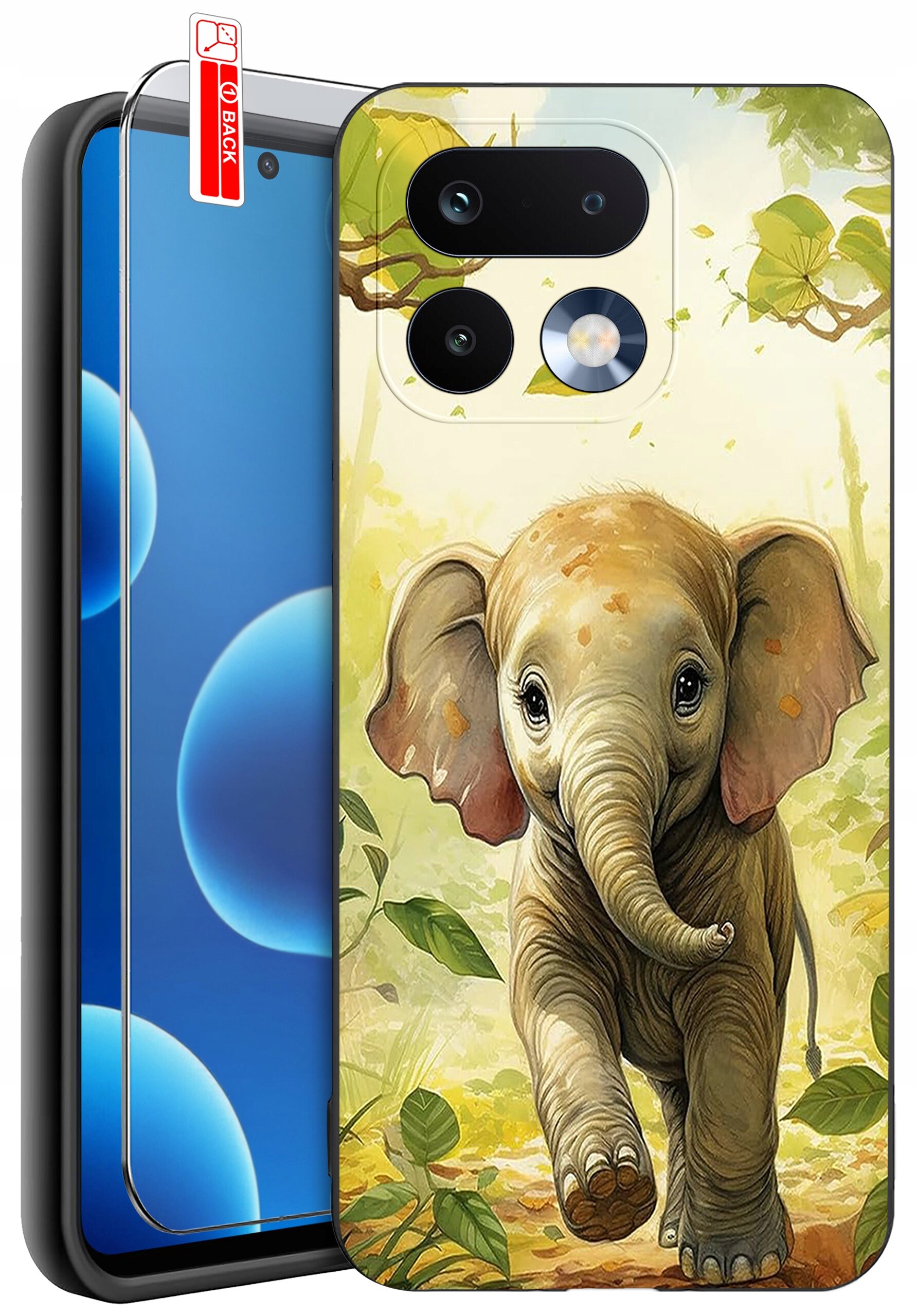 Etui na telefon z nadrukiem słonia w otoczeniu liści, obok widoczne szkło ochronne z napisem \'BACK\'.