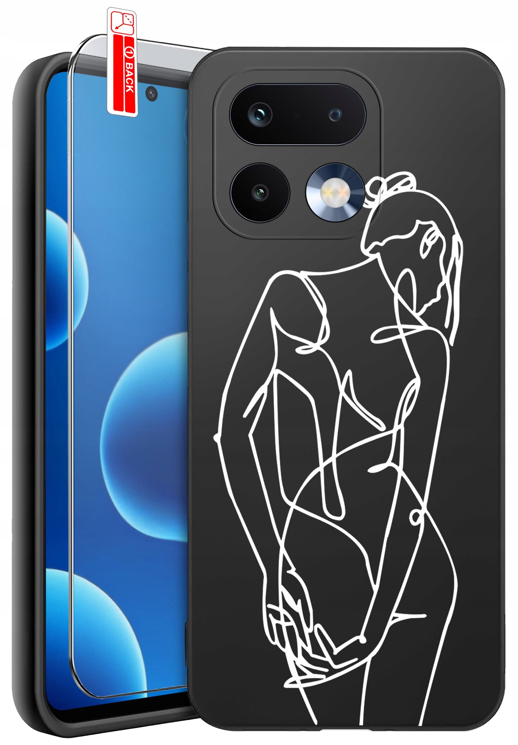 Czarne etui na telefon z białym, abstrakcyjnym wzorem przedstawiającym sylwetkę osoby. Obok znajduje się szkło ochronne z napisem \'BACK\'.