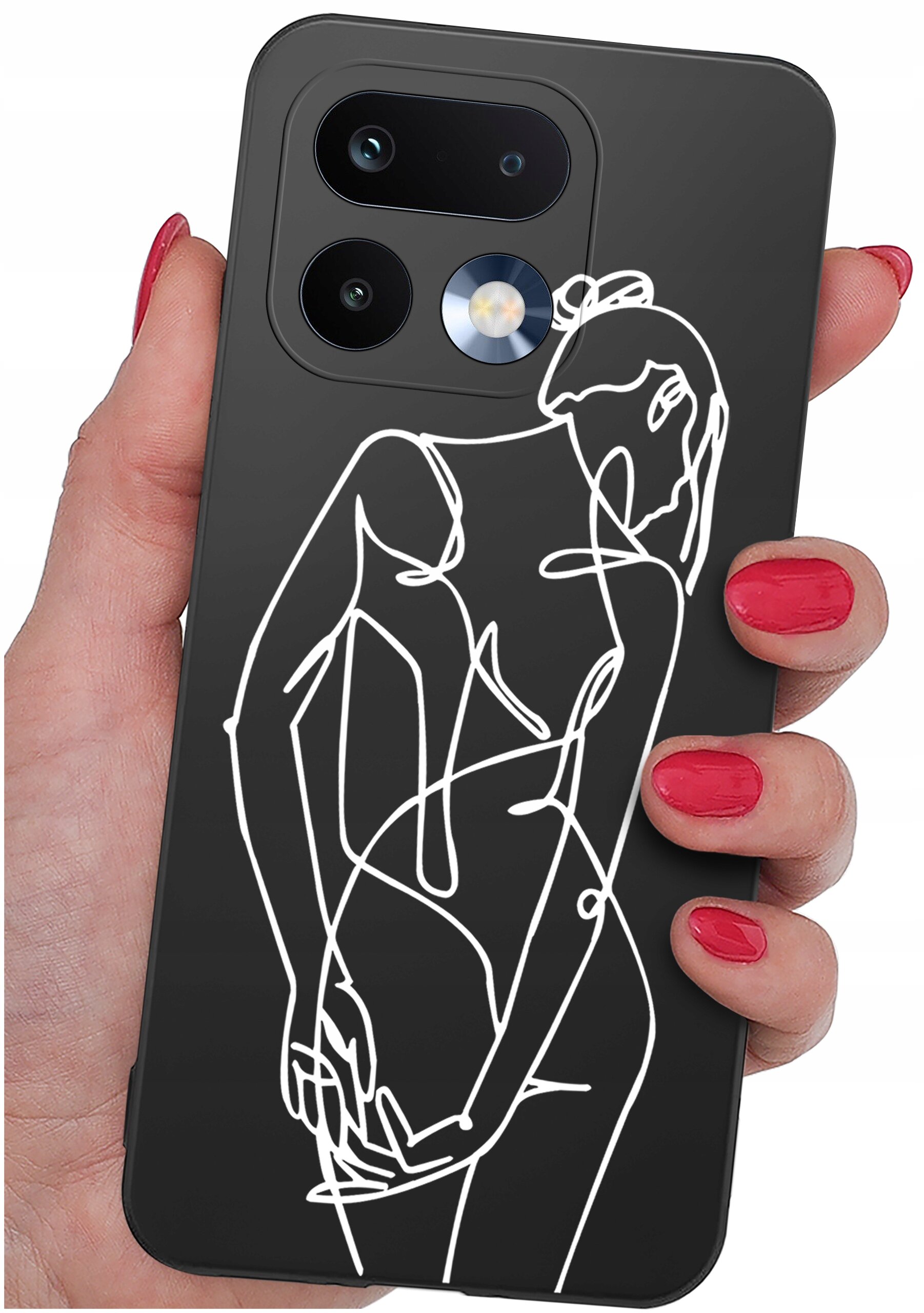 Czarne etui na telefon z białym, abstrakcyjnym wzorem przedstawiającym sylwetkę osoby. Etui trzymane jest w dłoni z pomalowanymi na czerwono paznokciami.