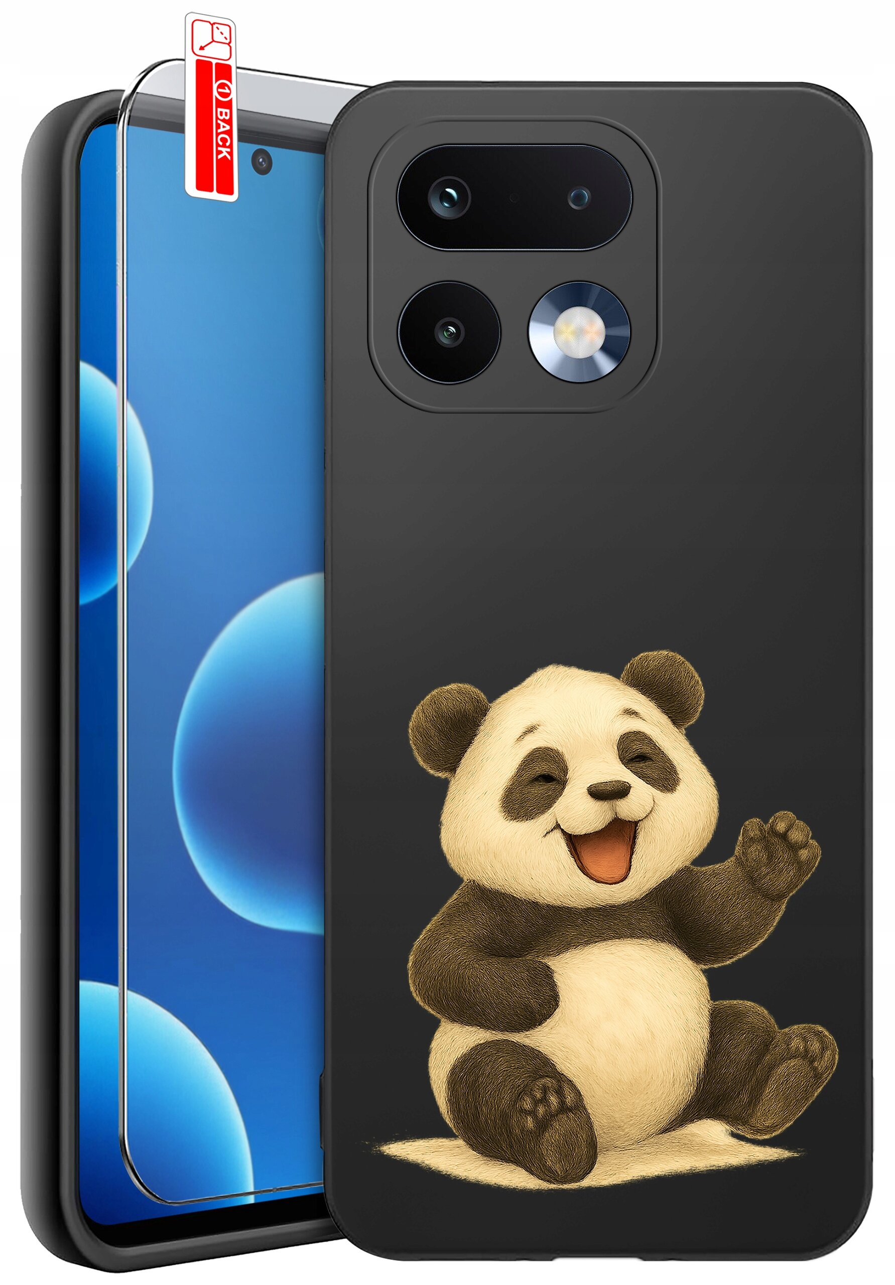 Na obrazie widoczne jest czarne etui na telefon z nadrukiem uśmiechniętej pandy oraz szkło ochronne z oznaczeniem \'BACK\'.