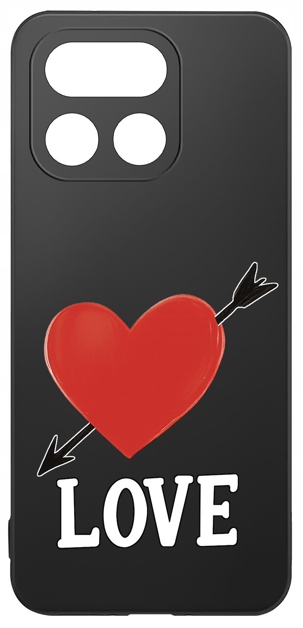 Czarne etui z czerwonym sercem przebitym strzałą oraz napisem \'LOVE\' na dole.