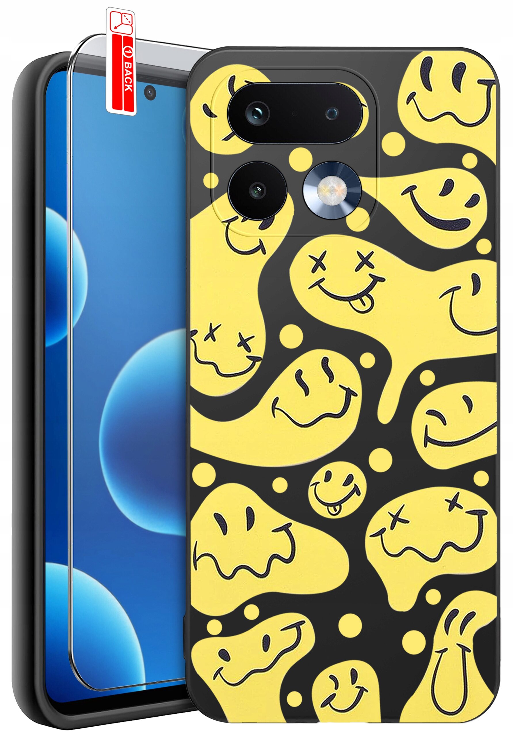 Etui na telefon z żółtym wzorem uśmiechniętych twarzy na czarnym tle, obok znajduje się szkło ochronne z napisem \'BACK\'.