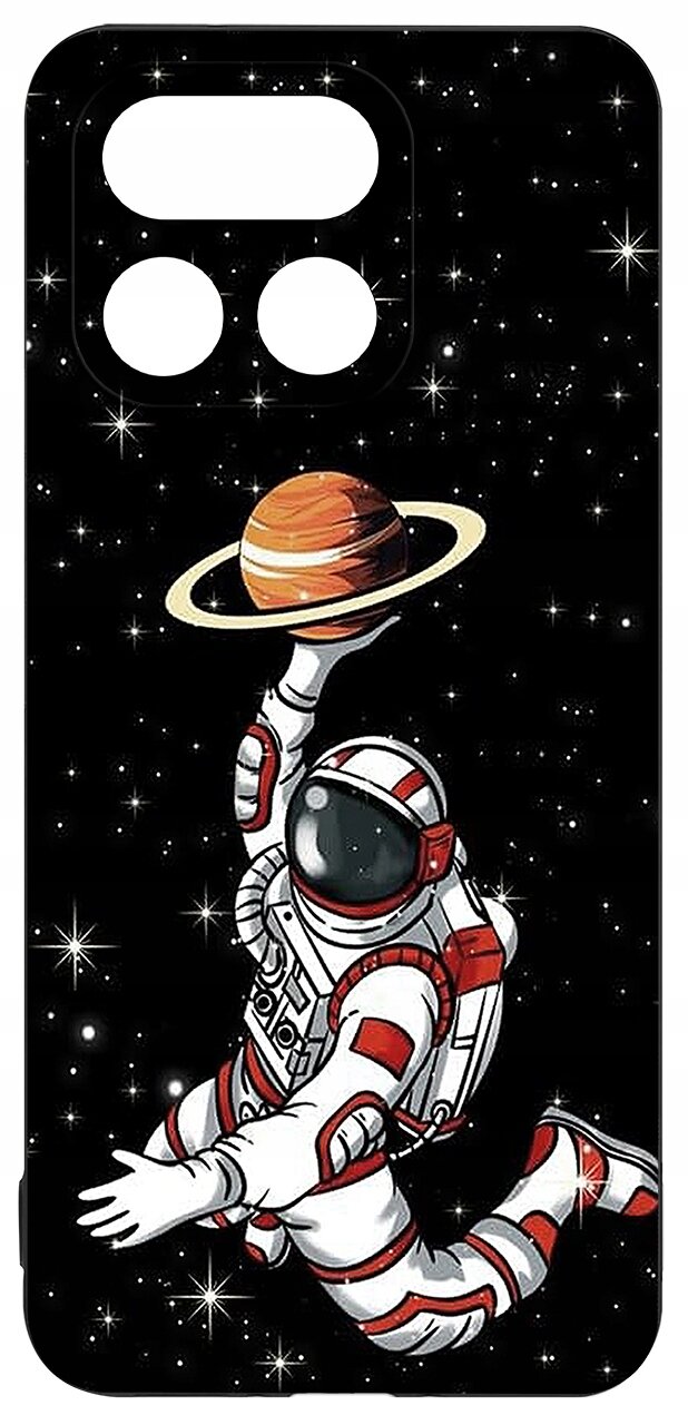 Etui z grafiką astronauty w skafandrze, trzymającego planetę z pierścieniami na tle gwiazd.