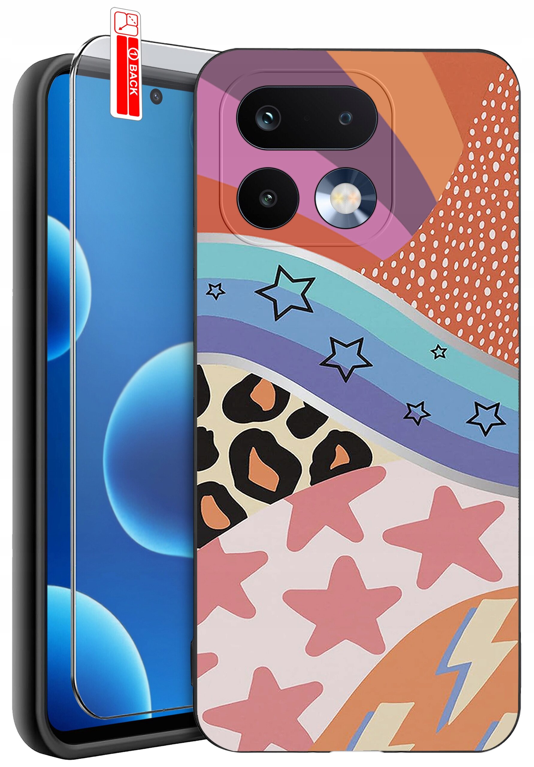 Etui na telefon z kolorowym wzorem zawierającym gwiazdy, paski i motyw zwierzęcy. Obok etui znajduje się szkło ochronne z napisem \'BACK\'.
