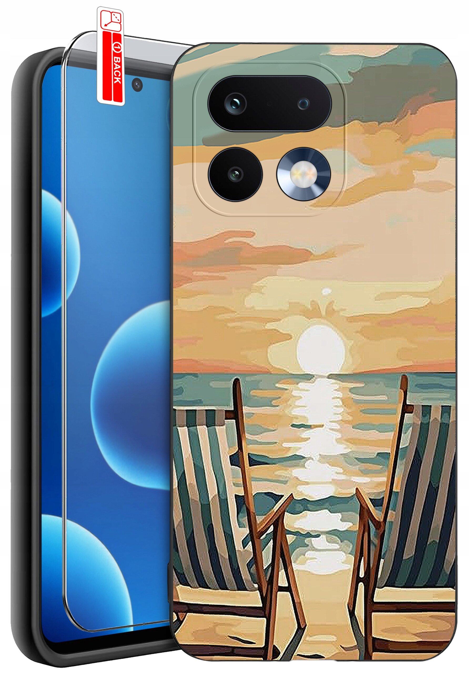 Obraz przedstawia etui na telefon z nadrukiem zachodu słońca nad morzem, z dwoma leżakami na plaży. Obok etui znajduje się szkło ochronne z napisem \'BACK\'.