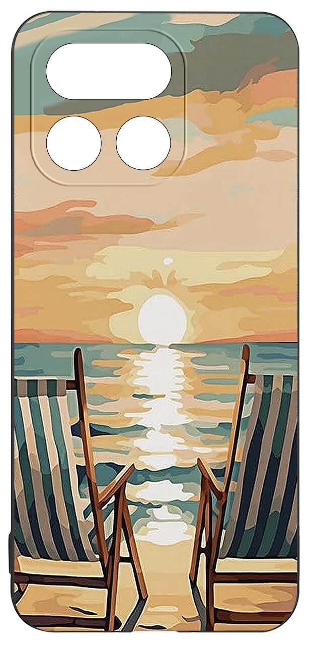 Etui na telefon z kolorowym wzorem przedstawiającym dwa leżaki na plaży z widokiem na zachód słońca nad morzem.