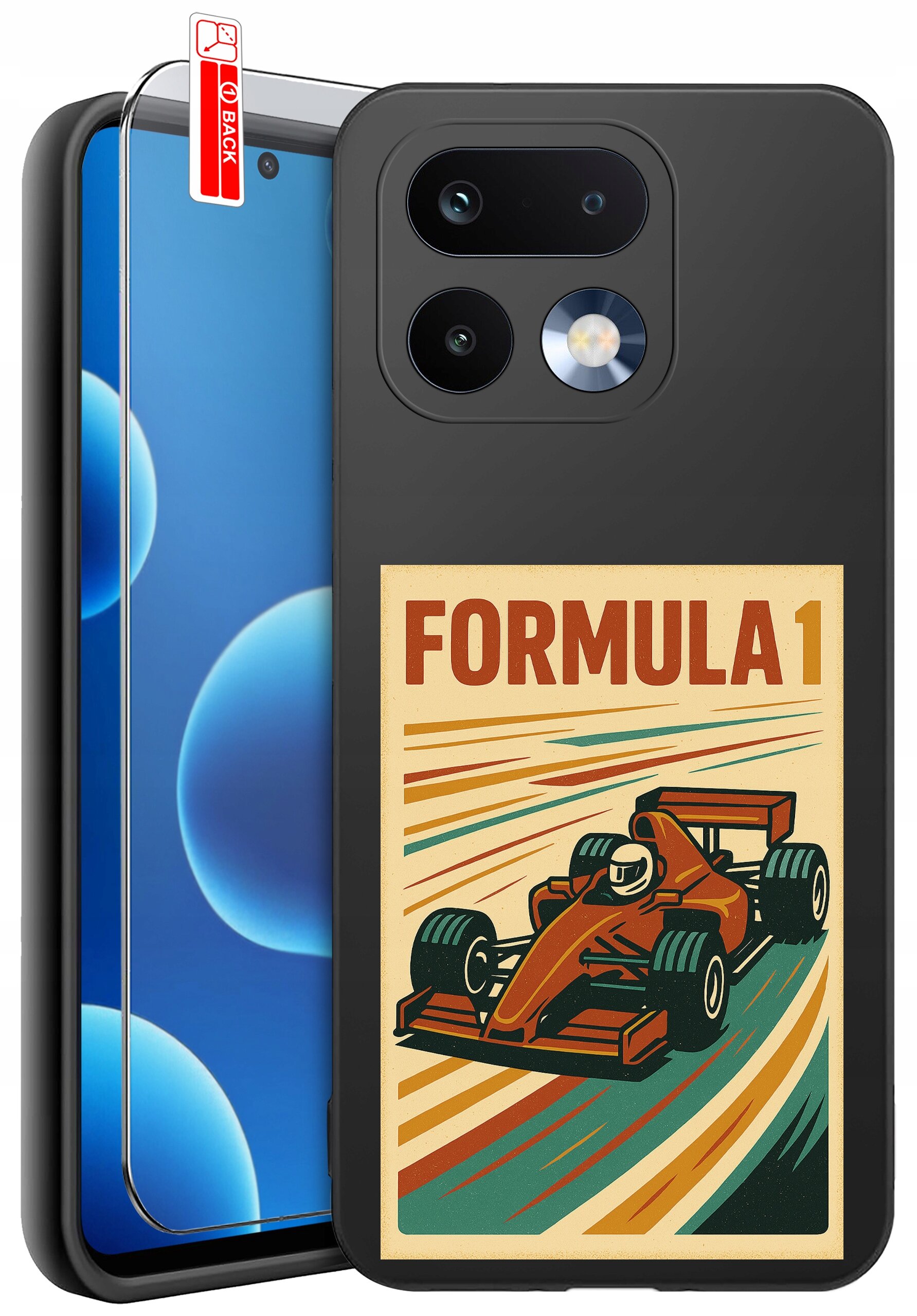 Etui na telefon z grafiką przedstawiającą samochód wyścigowy i napisem \'FORMULA 1\'. Obok etui znajduje się szkło ochronne z oznaczeniem \'BACK\'.