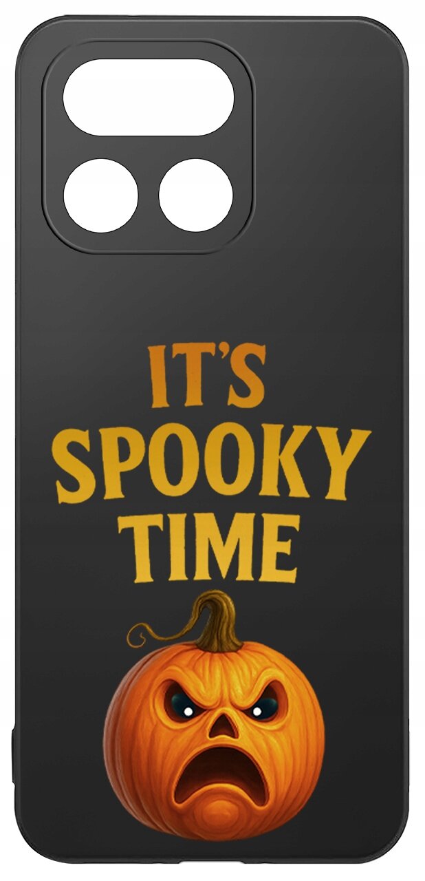 Czarne etui z napisem \'IT\'S SPOOKY TIME\' w kolorze pomarańczowym oraz grafiką dyni z wyrazem twarzy wyrażającym zaskoczenie lub strach.