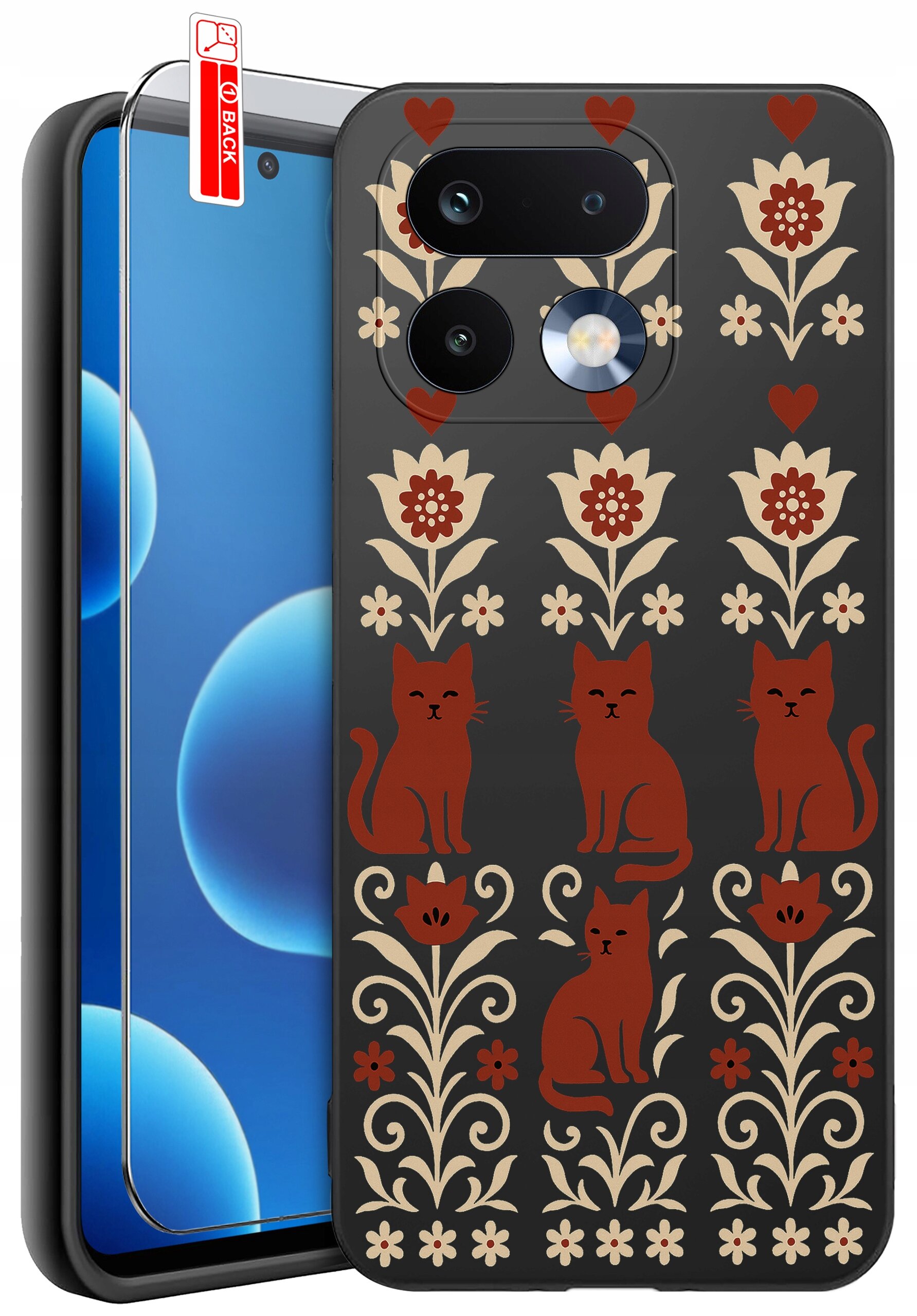 Etui na telefon z wzorem przedstawiającym czerwone koty i kwiaty na ciemnym tle. Obok etui znajduje się szkło ochronne z napisem \'BACK\'.